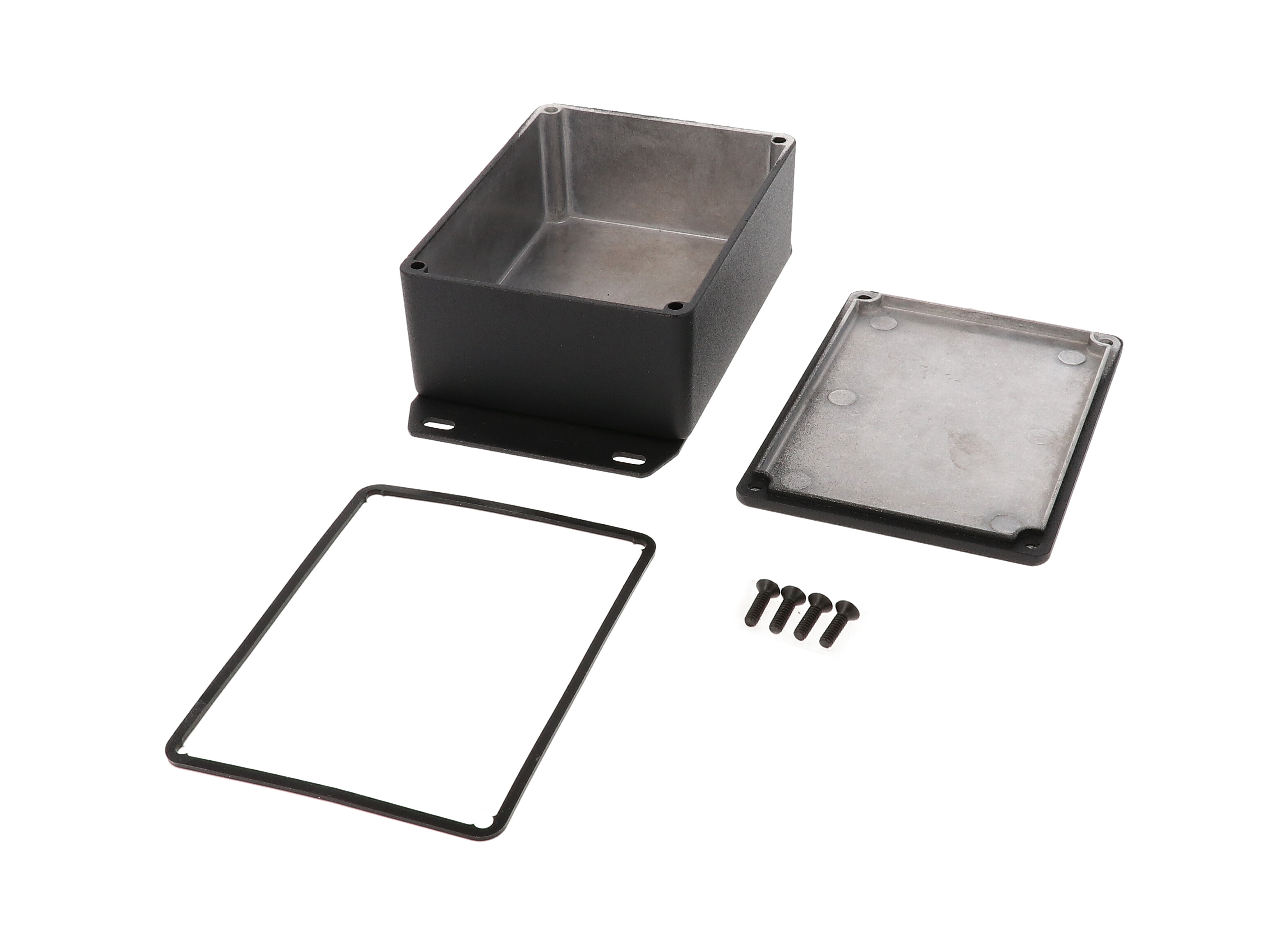 1590WSFBK black textured IP65 water-tight diecast aluminum enclosure with a welded flanged bottom plate, 110x82x44mm