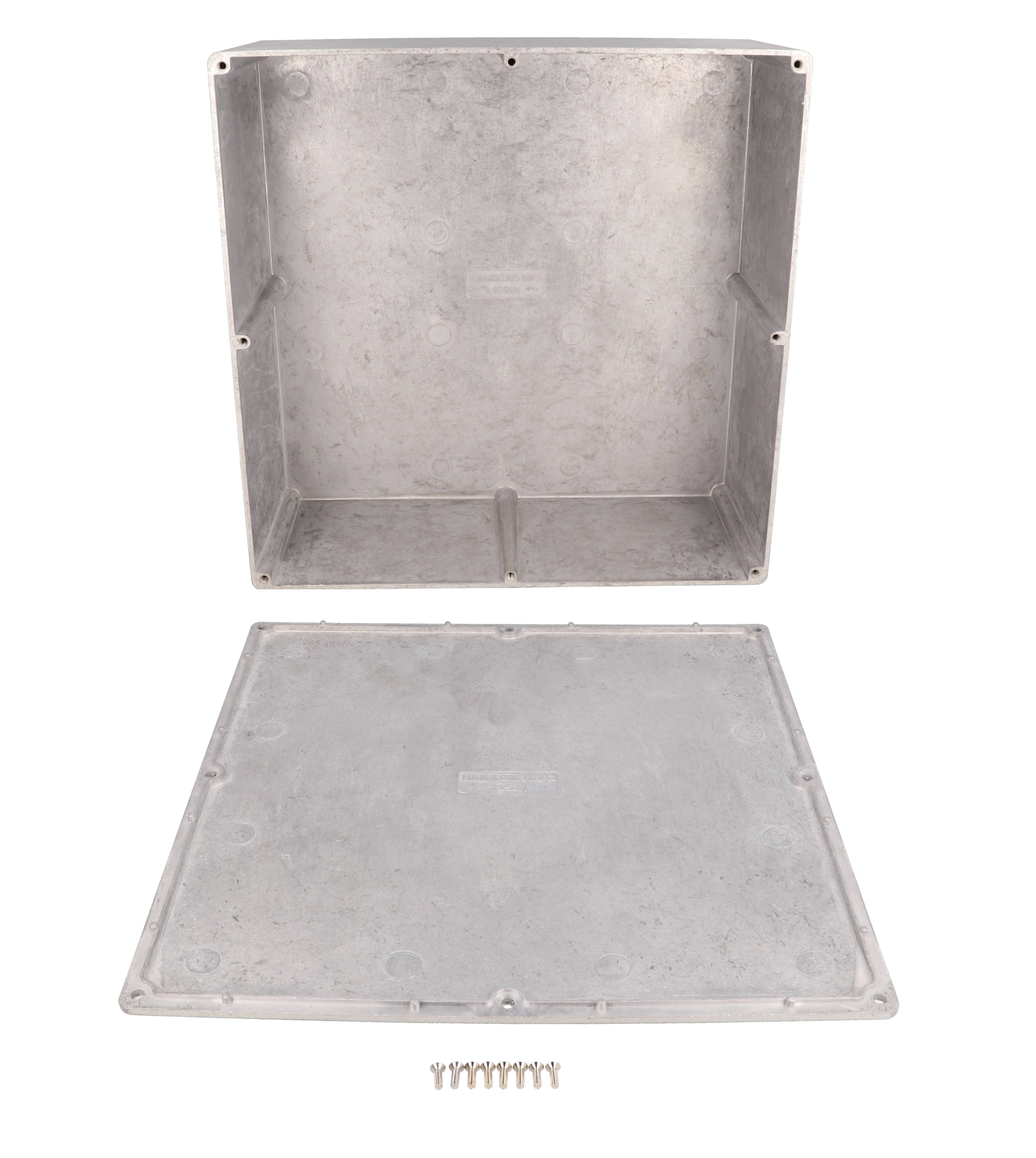 1550N natural finish diecast aluminum enclosure, 250 mm x 250 mm x 97 mm, with screw-down lid