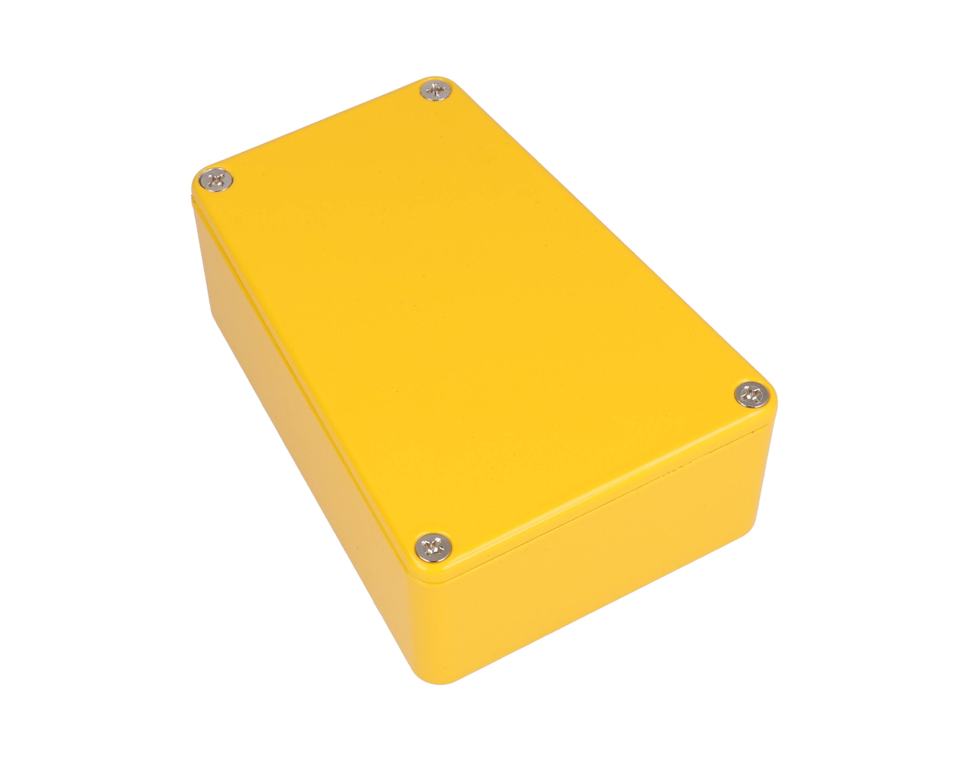 1590TRPBYL yellow painted diecast aluminum narrow trapezoid stomp box enclosure with lid and cover screws