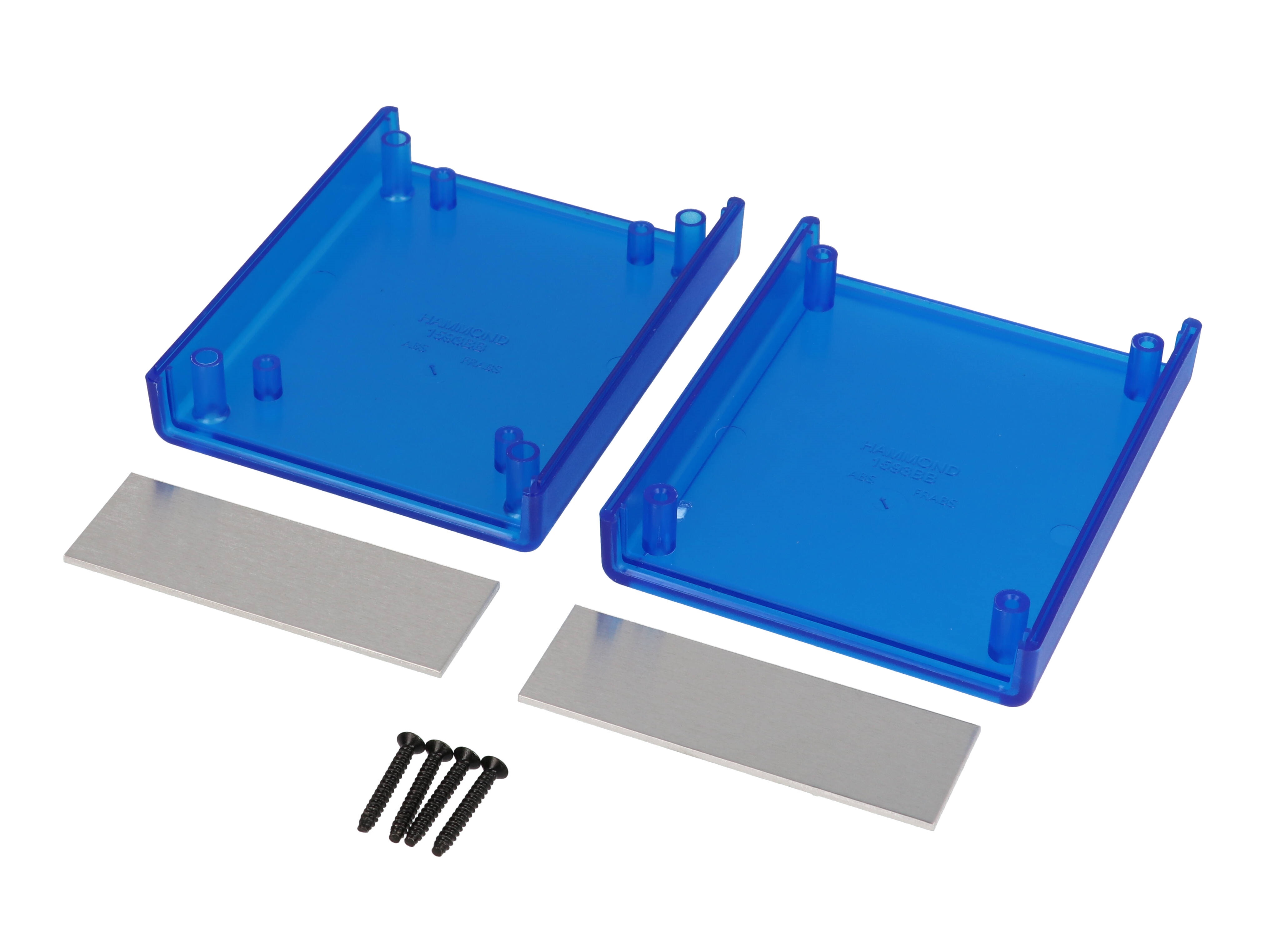 1593BBALTBU transparent blue ABS handheld enclosure with aluminum end panels