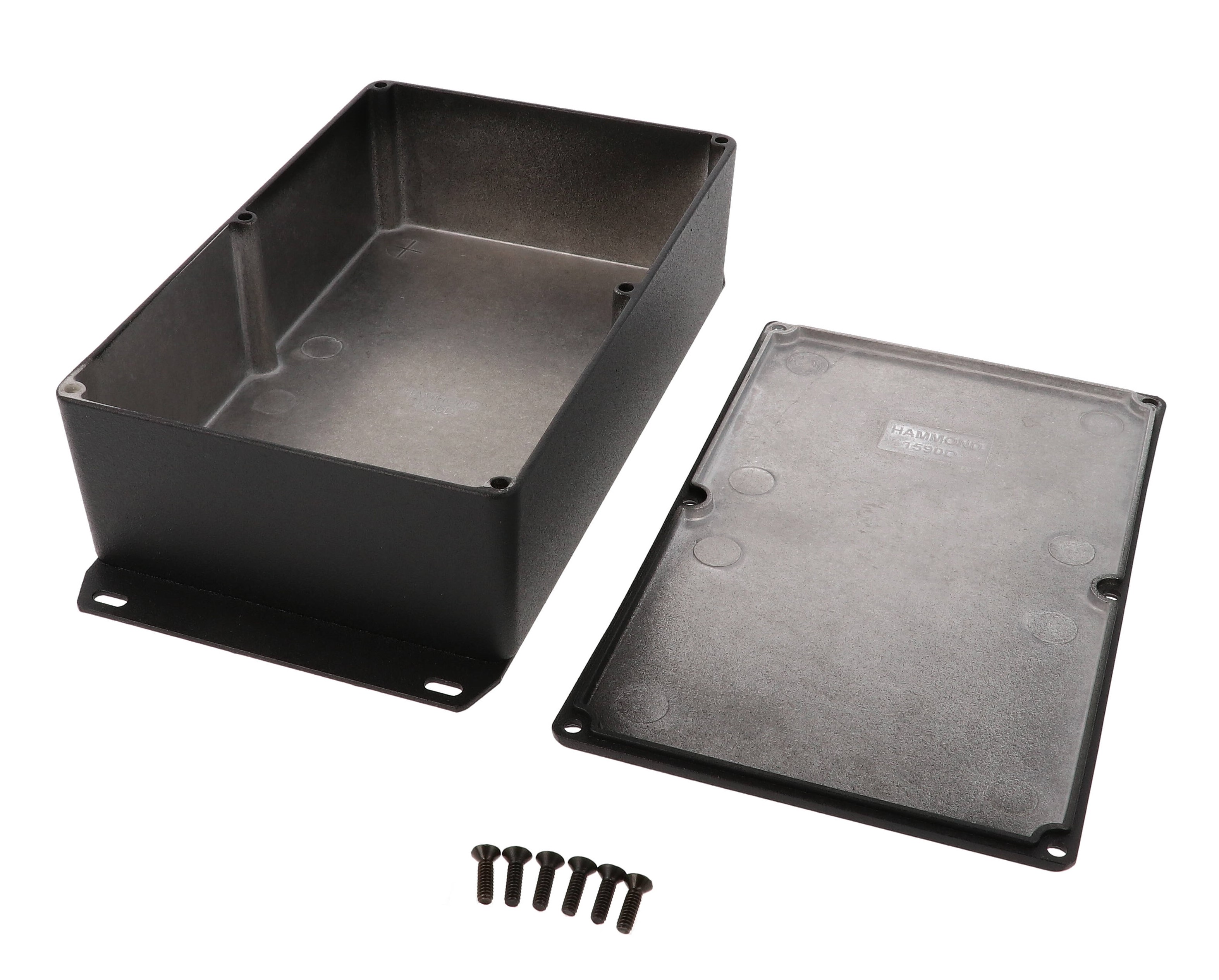 1590DFBK textured black diecast aluminum enclosure with welded bottom mounting flange