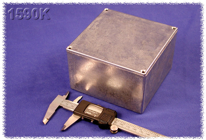 1590K natural diecast aluminum enclosure, 125 x 125 x 79 mm, with lap joint lid and cover screws