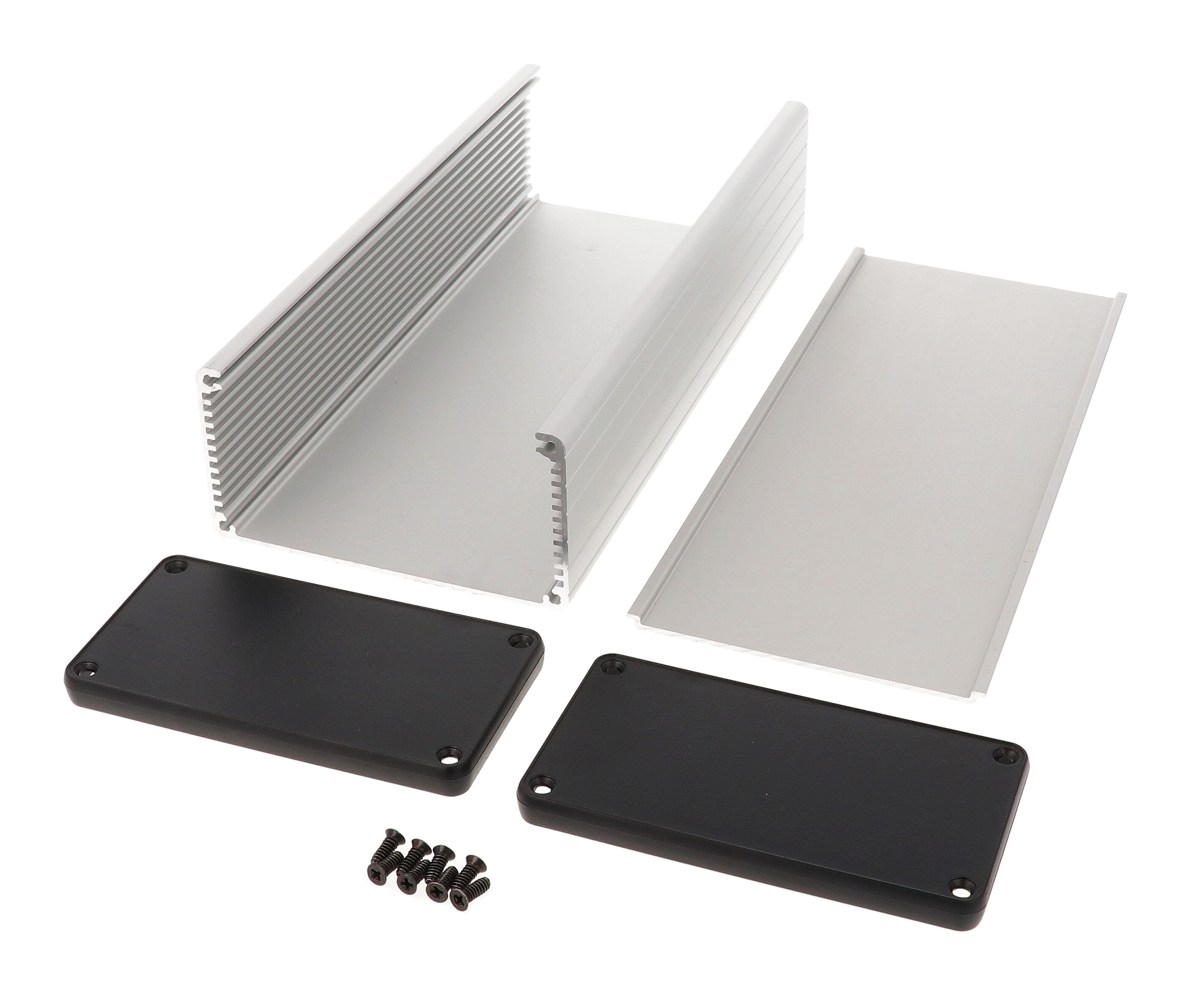 1455N2202 clear anodized extruded aluminum enclosure, 220 x 103 x 53 mm, with plastic end panels