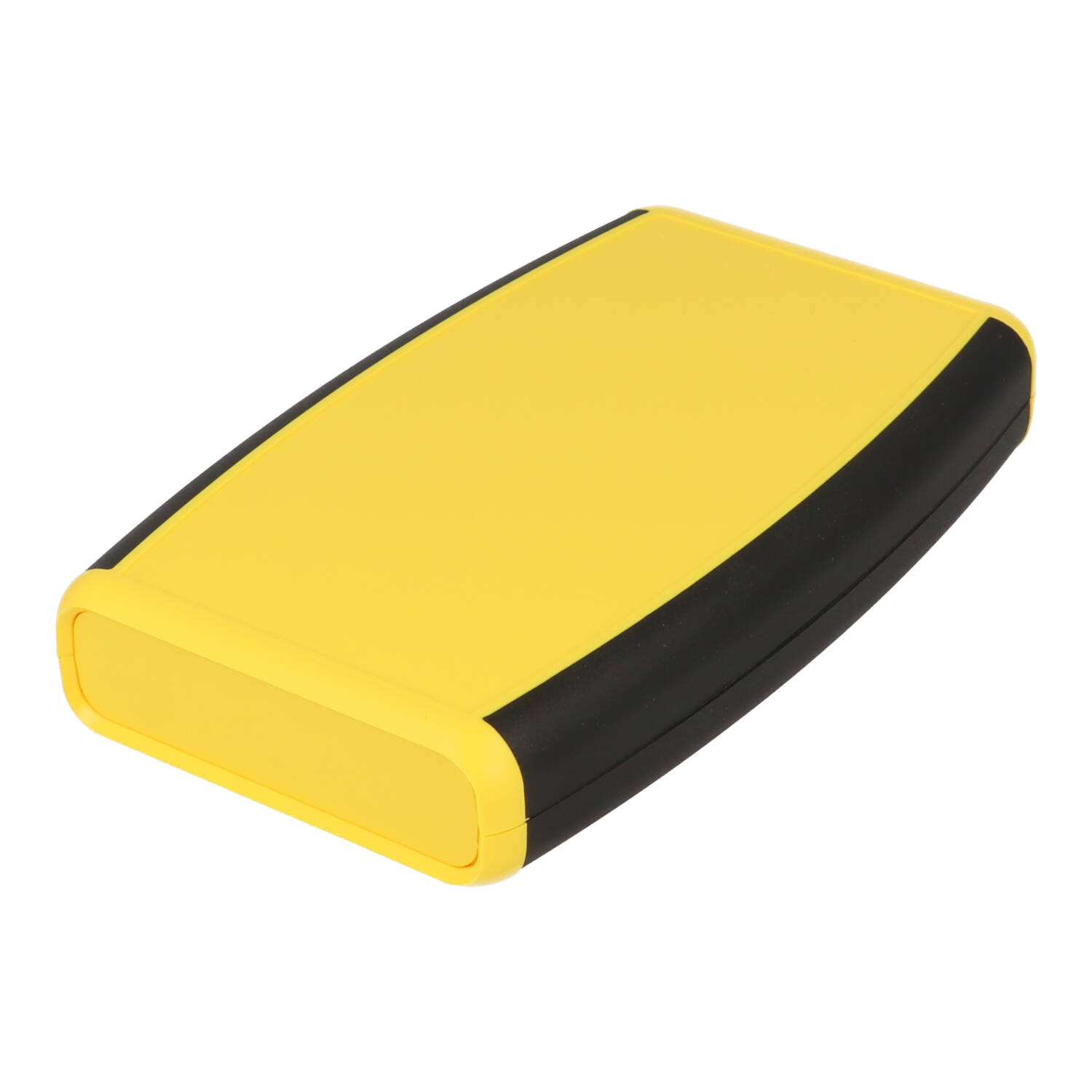 1553DYLBKBAT yellow ABS hand held enclosure with black soft overmold and battery door