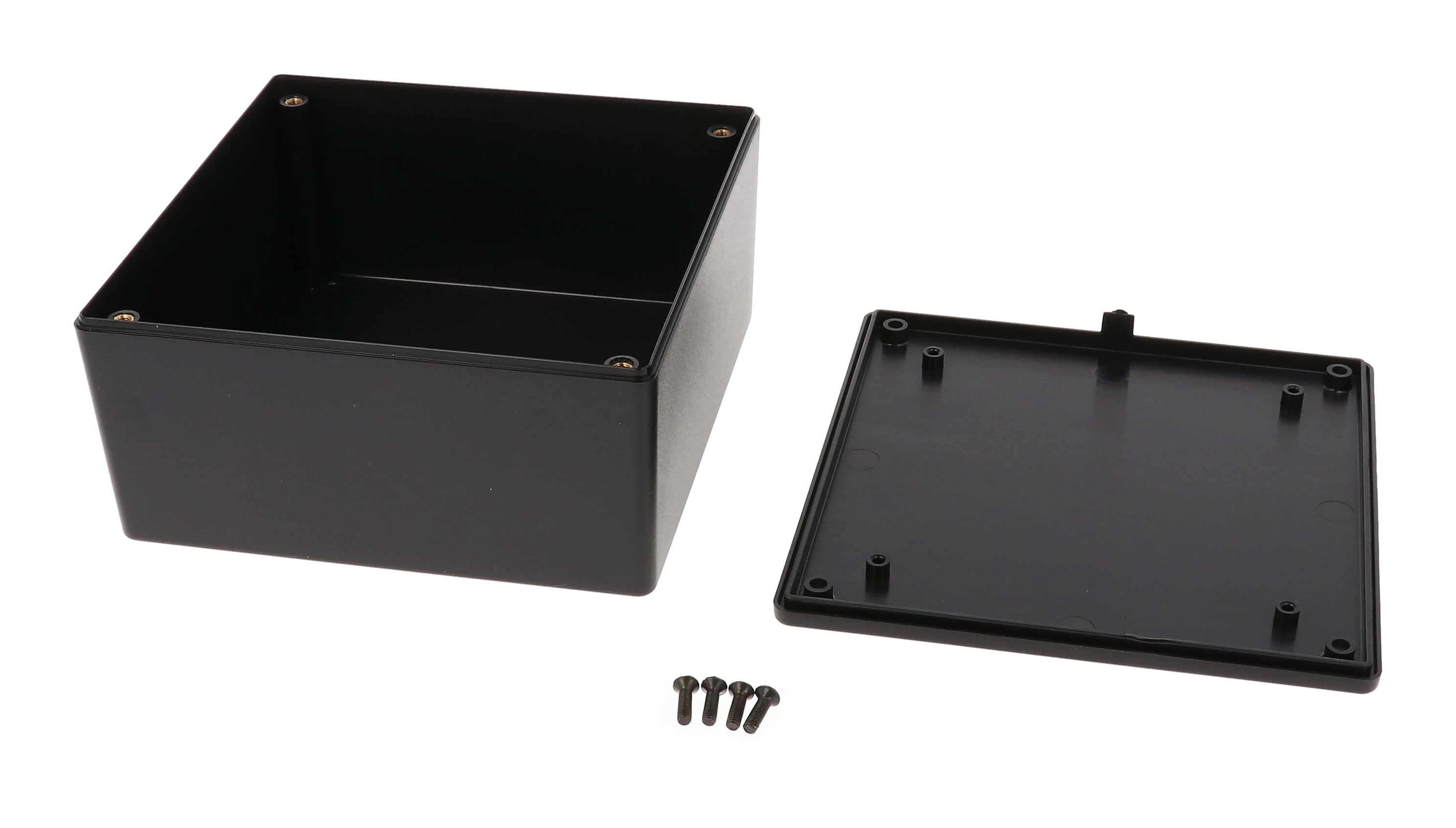 1591XXUBK black ABS plastic enclosure with PC board standoffs, 124 x 124 x 60 mm
