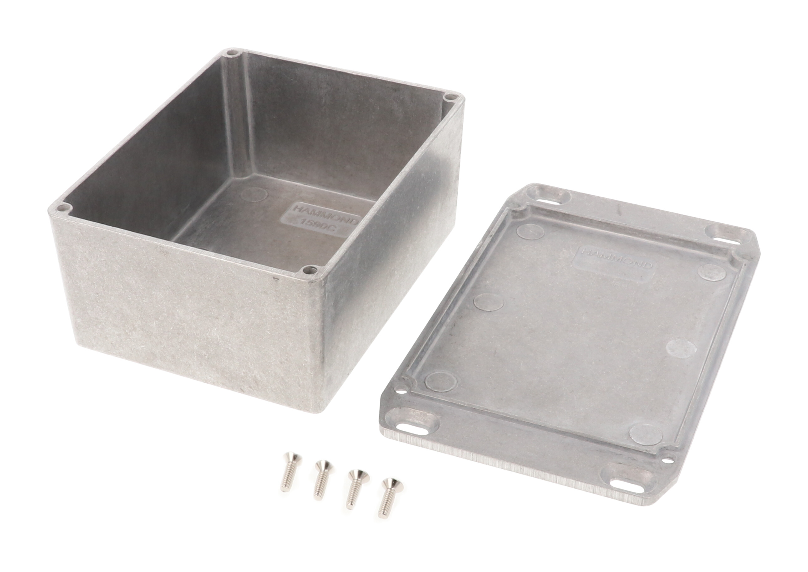 1590CFL natural diecast aluminum enclosure with flanged wall-mounting lid, 119 x 94 x 56 mm