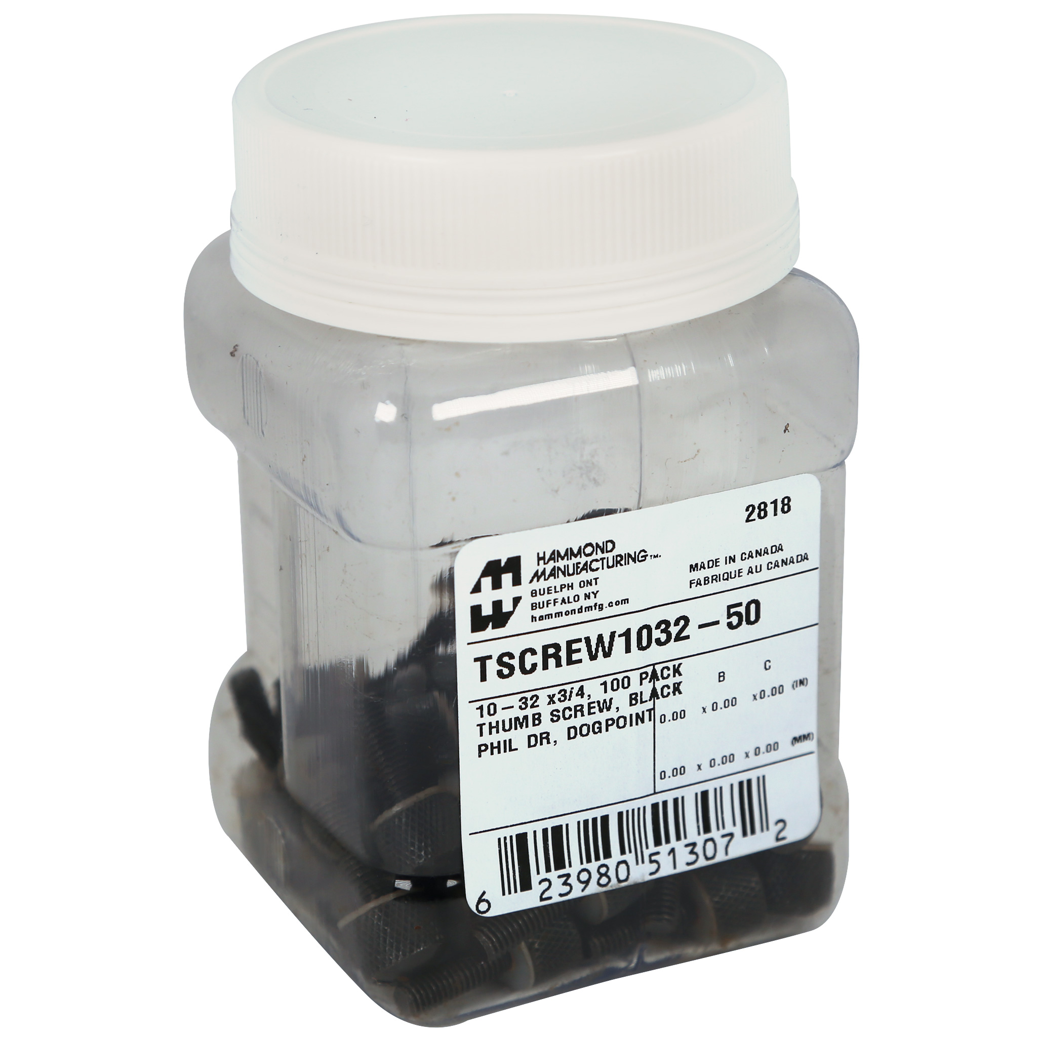 Hammond TSCREW1032-100 package of 100 black oxide 10-32 rack thumb screws with knurled heads and nylon washers
