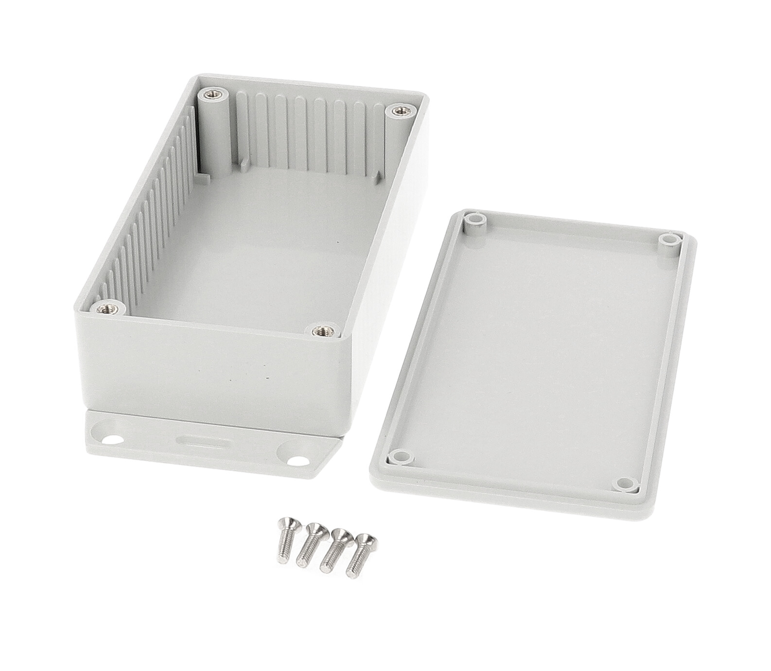 1591BF2GY light gray 112 x 62 x 31 mm ABS plastic bottom-flange enclosure with molded card guides