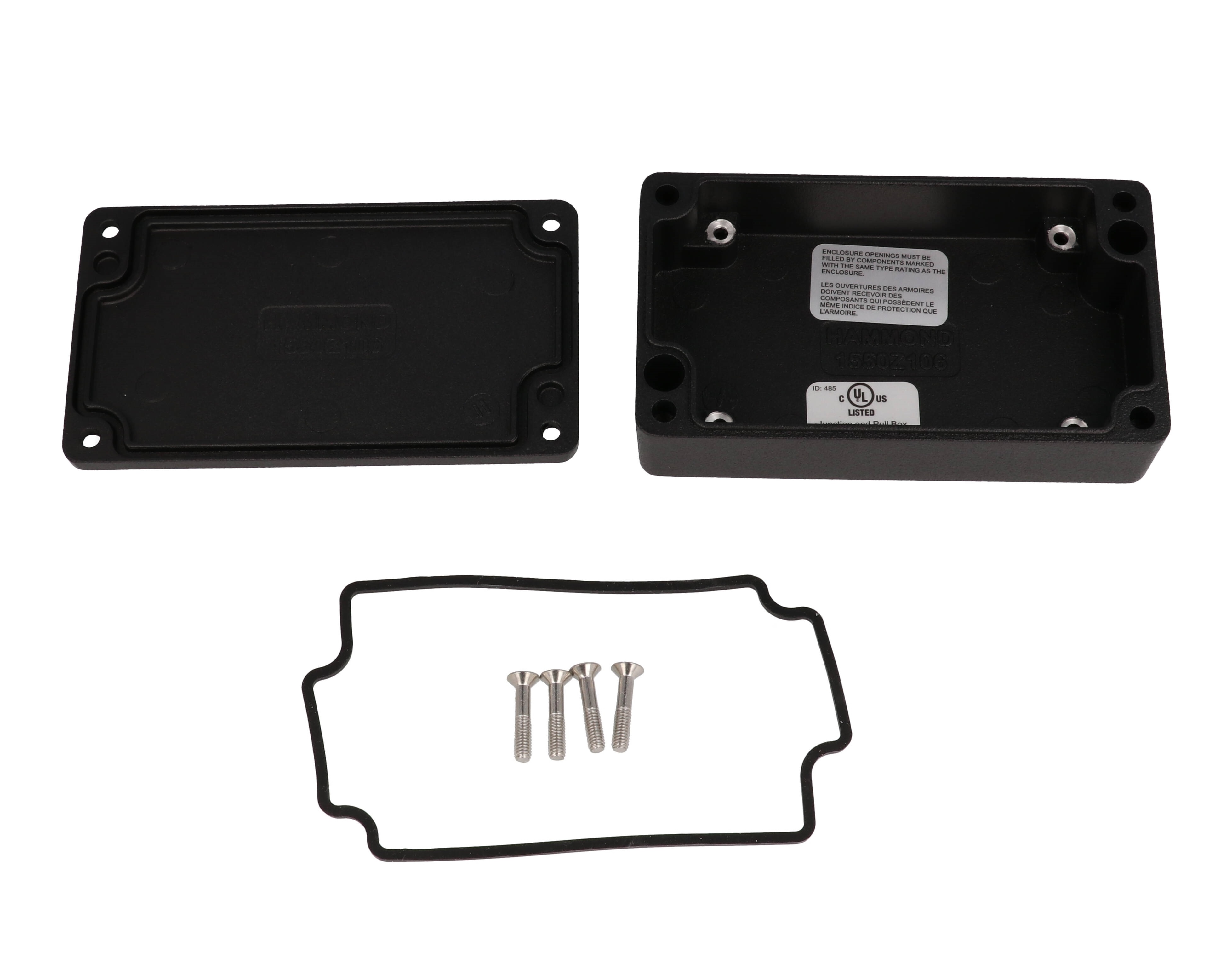1550Z106BK black textured low-profile thick-wall watertight diecast enclosure, 115 x 66 x 30 mm