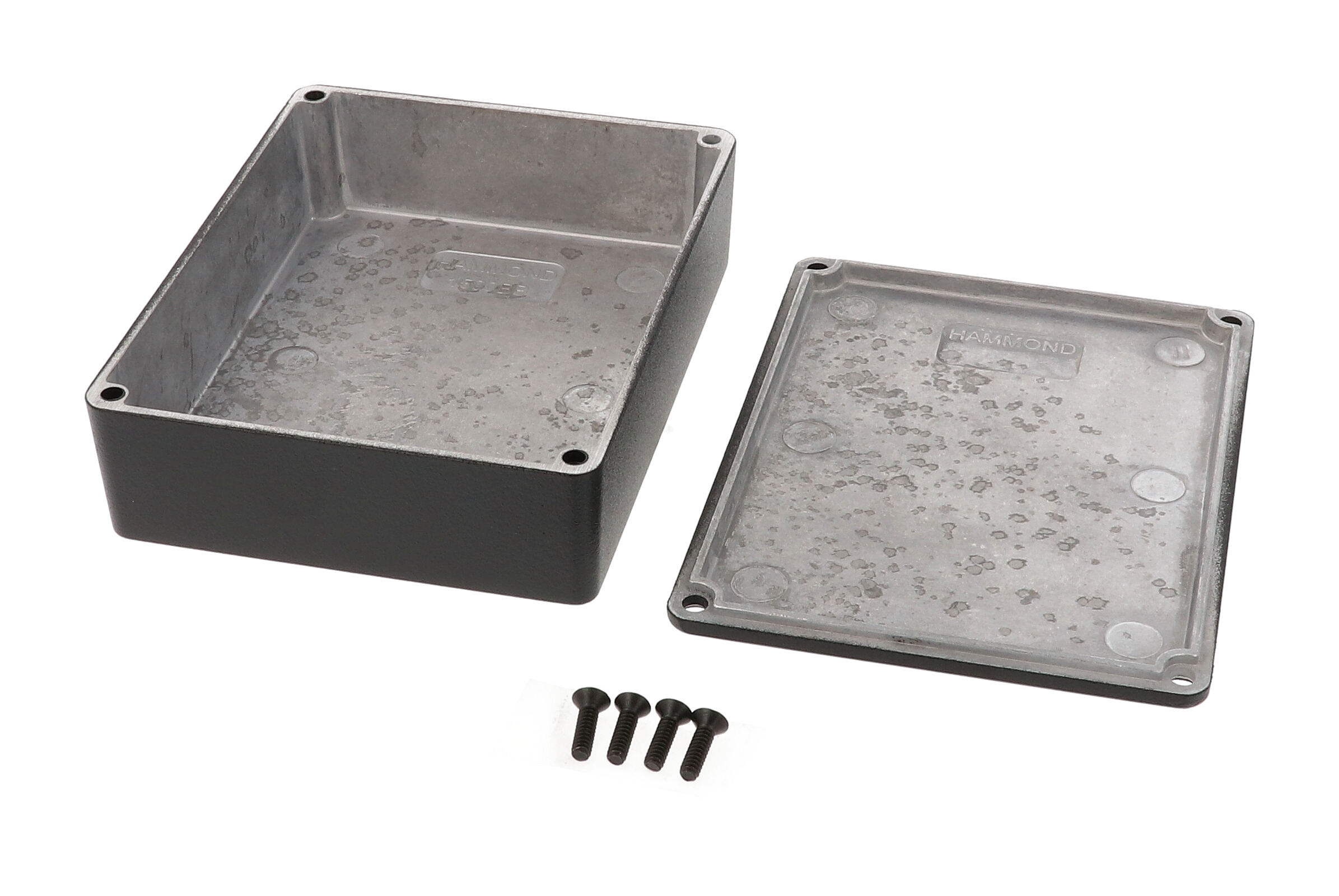 1590BBBK black textured diecast aluminum enclosure with lid and cover screws