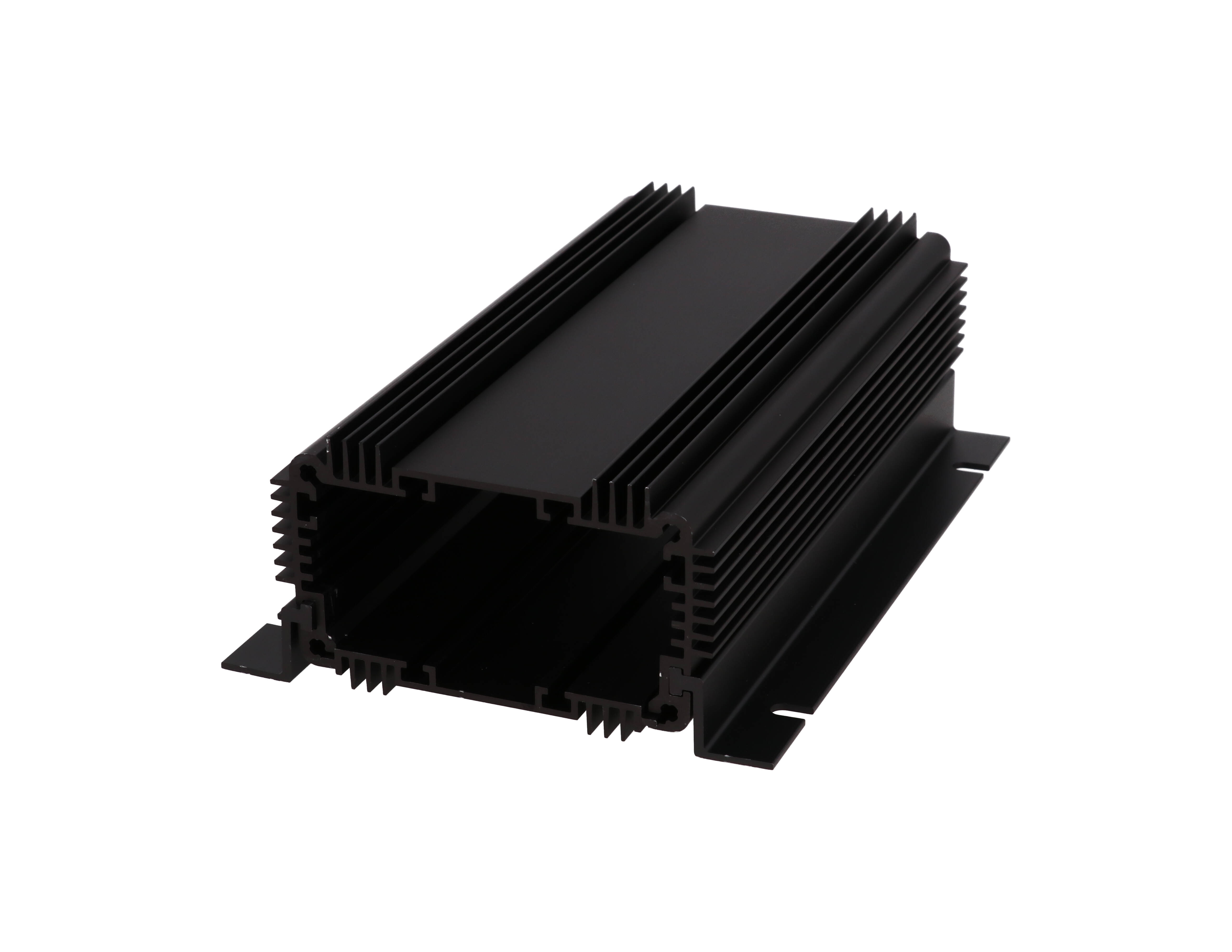 1455KHD1601BK black anodized finned heat dissipating extruded aluminum enclosure, 160 x 86 x 51 mm, with mounting flanges