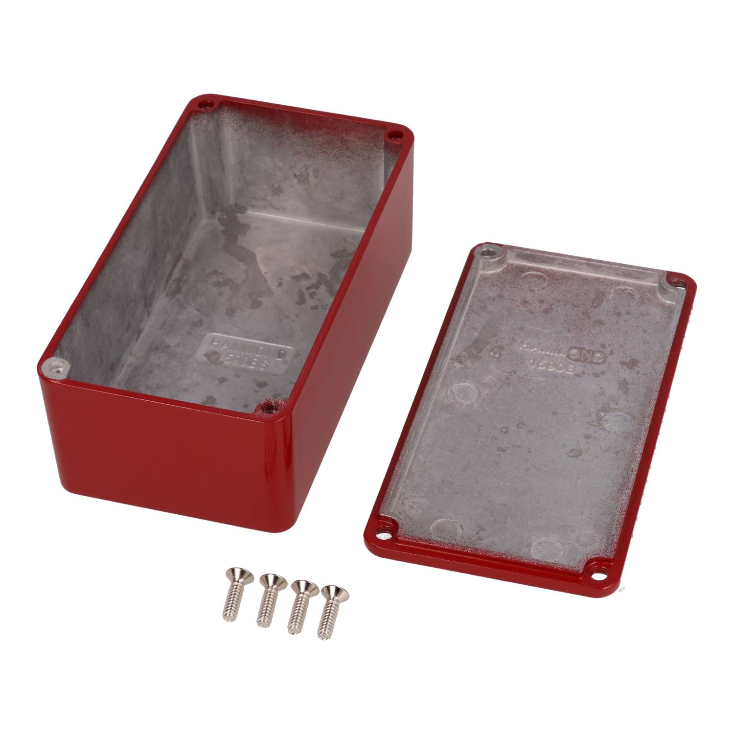 1590BSRD red powder coated diecast aluminum stomp box enclosure, 112 x 61 x 38 mm, with lid