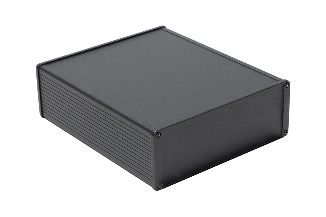 1457U2201BK — Enclosure, extruded aluminum, 7.52 x 2.68 x 8.66, flanged end panels, 1457 Series