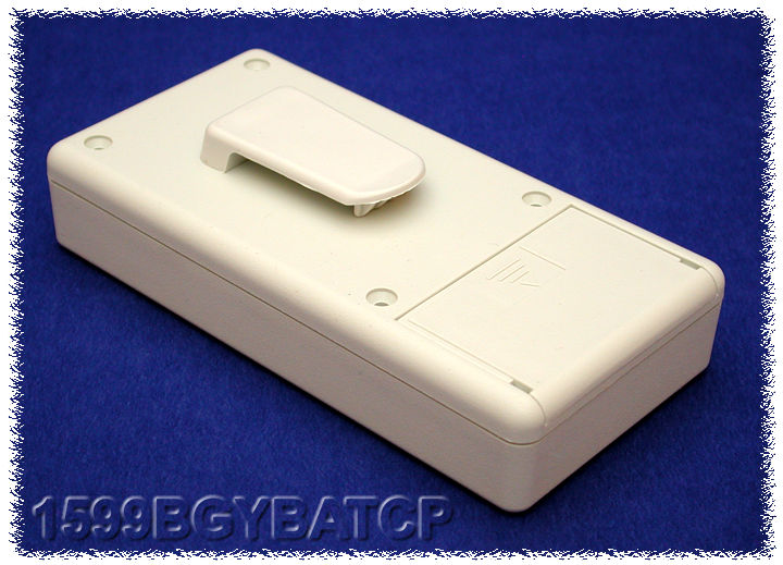 1599BGYBATCP light grey handheld enclosure with battery door and installed belt clip