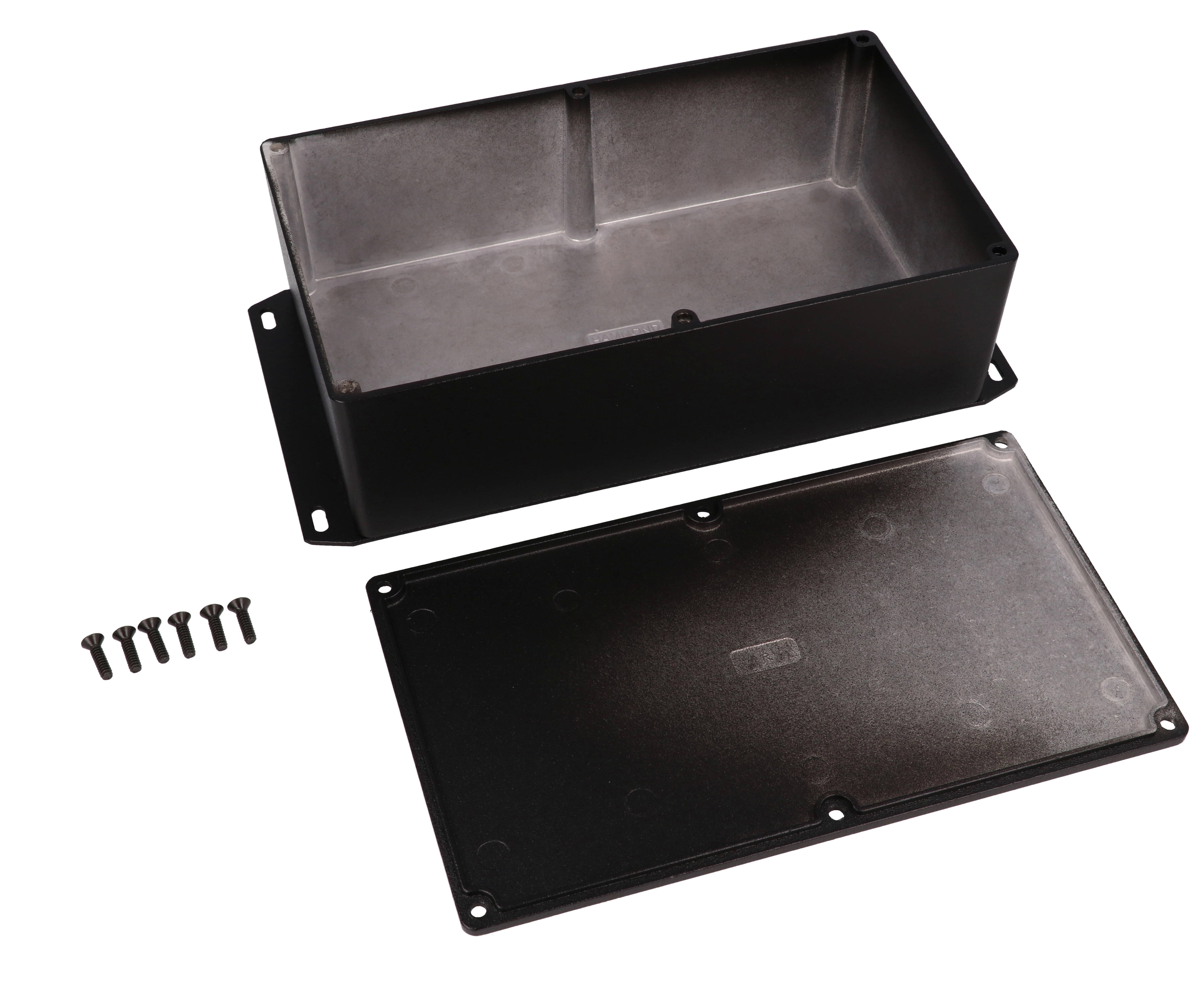 1590R1FBK black diecast aluminum enclosure with welded flanged bottom plate, 192 x 112 x 61 mm