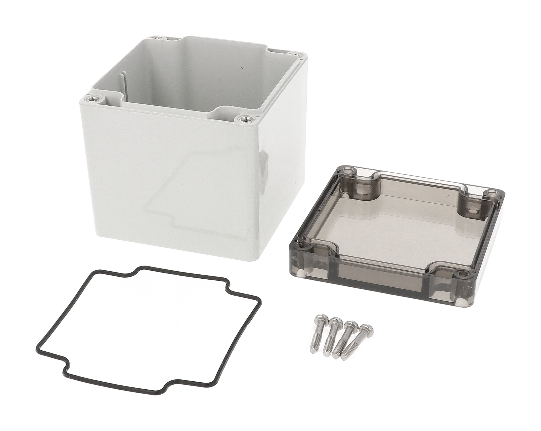 1554EE2GYSL tall square light gray polycarbonate enclosure with smoked lid, 90 x 90 x 91 mm