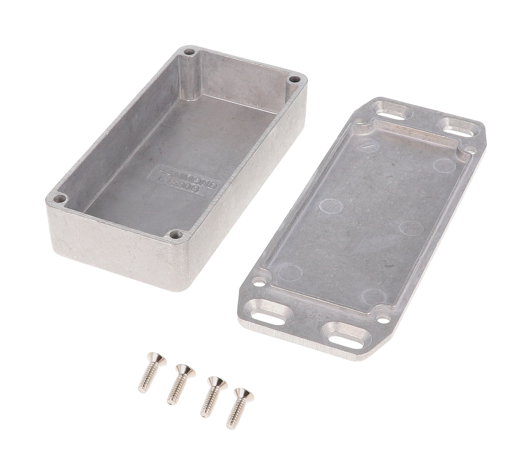 1590GFL natural diecast aluminum enclosure with wall-mounting flanged lid, 100 x 50 x 25 mm