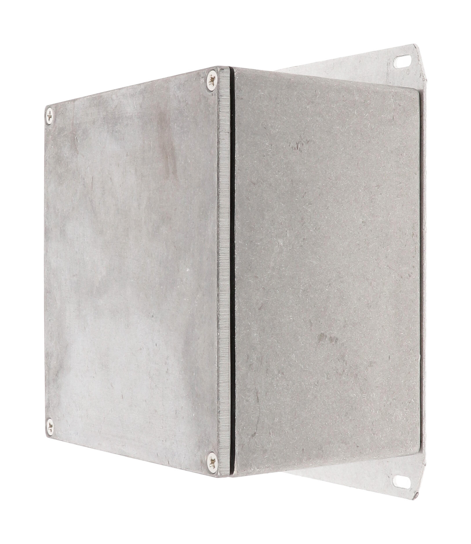 1590WKF natural aluminum IP65 watertight diecast enclosure, 125 x 125 x 79 mm, with flanged bottom plate
