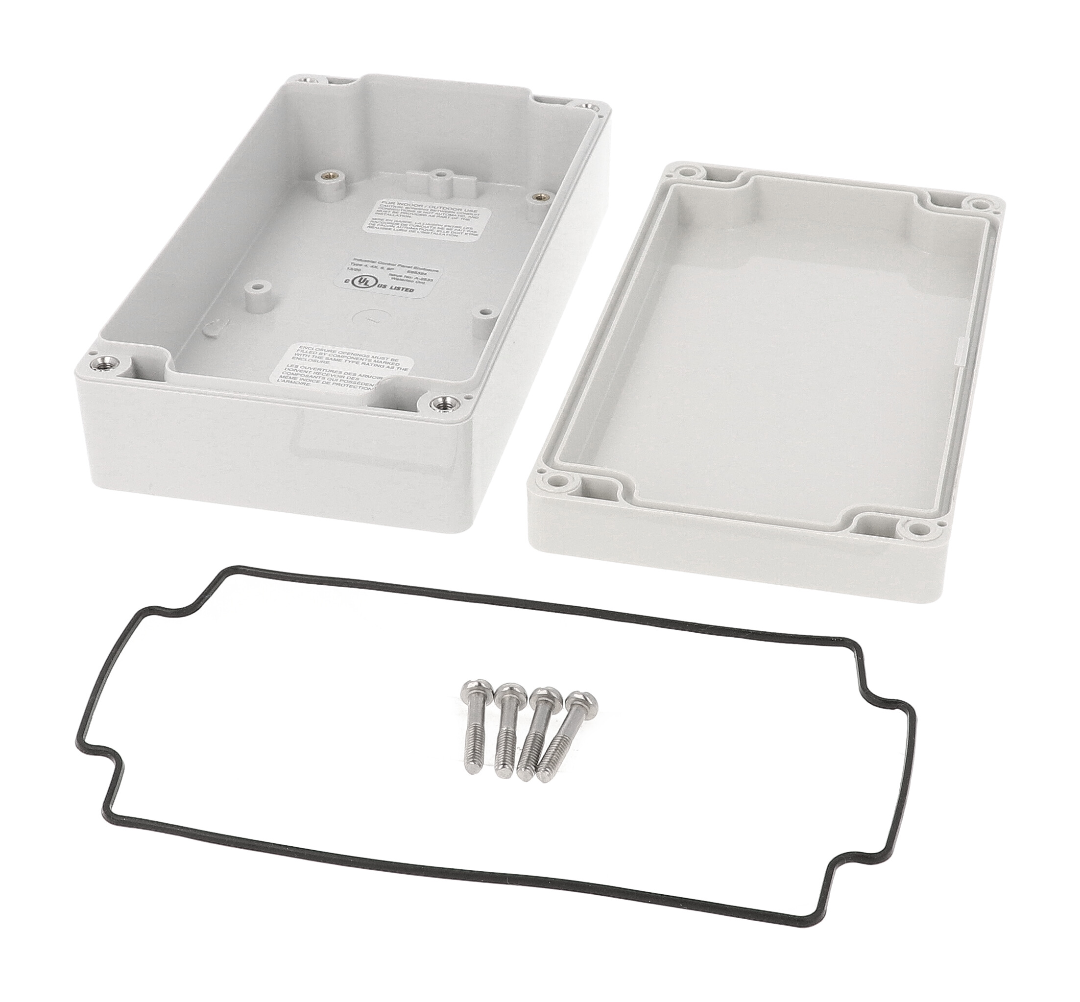 1554JL2GY gray polycarbonate NEMA 4X enclosure, 160 x 90 x 46 mm, solid gray lid