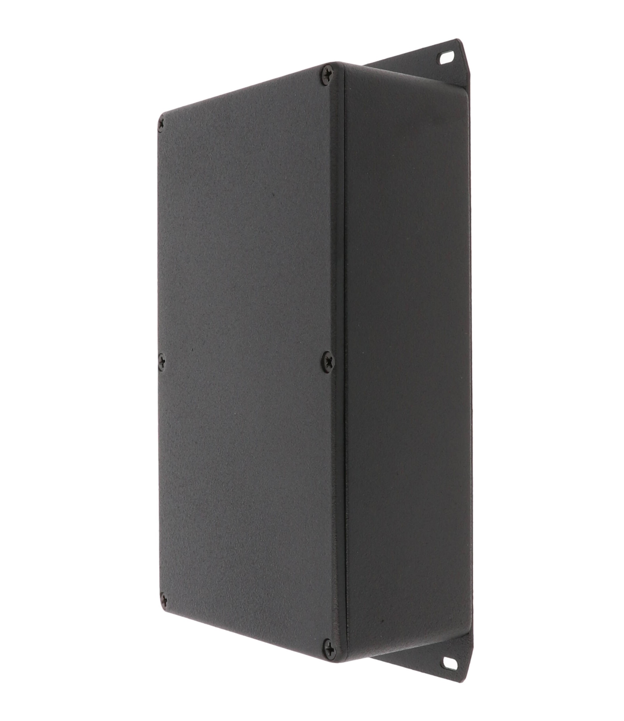 1590DFBK textured black diecast aluminum enclosure with welded bottom mounting flange
