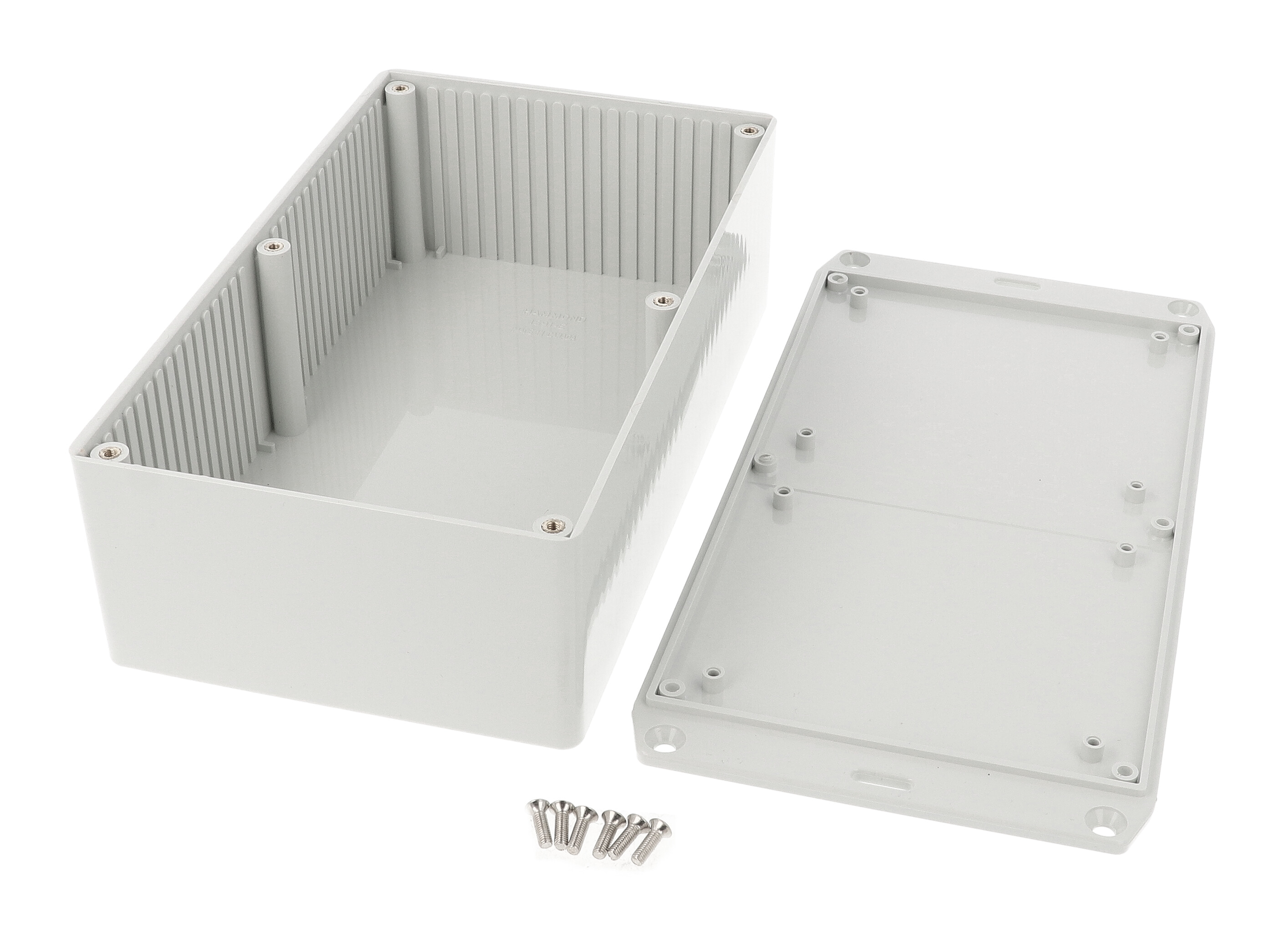 1591EFLGY light gray flame retardant ABS enclosure with wall mounting flanges molded into the lid