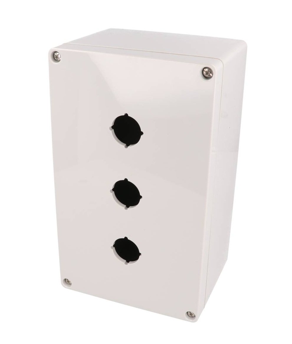 1554MPB3 light gray polycarbonate enclosure with three 22.5 mm pushbutton holes