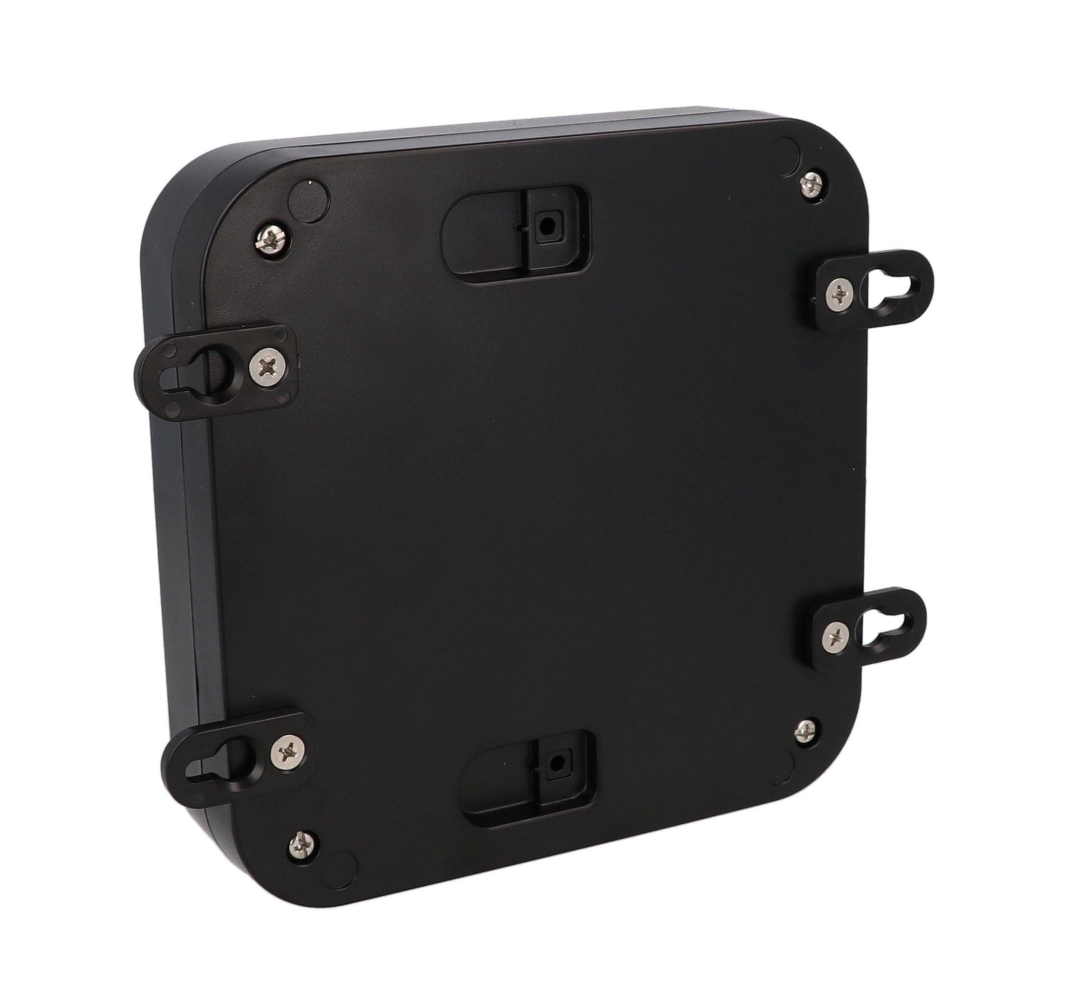 1557FBK black ABS low-profile watertight enclosure, 160 x 160 x 45 mm