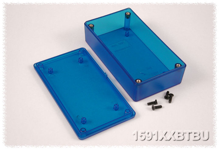 1591XXBTBU transparent blue ABS enclosure with lid, 114 x 63 x 31 mm