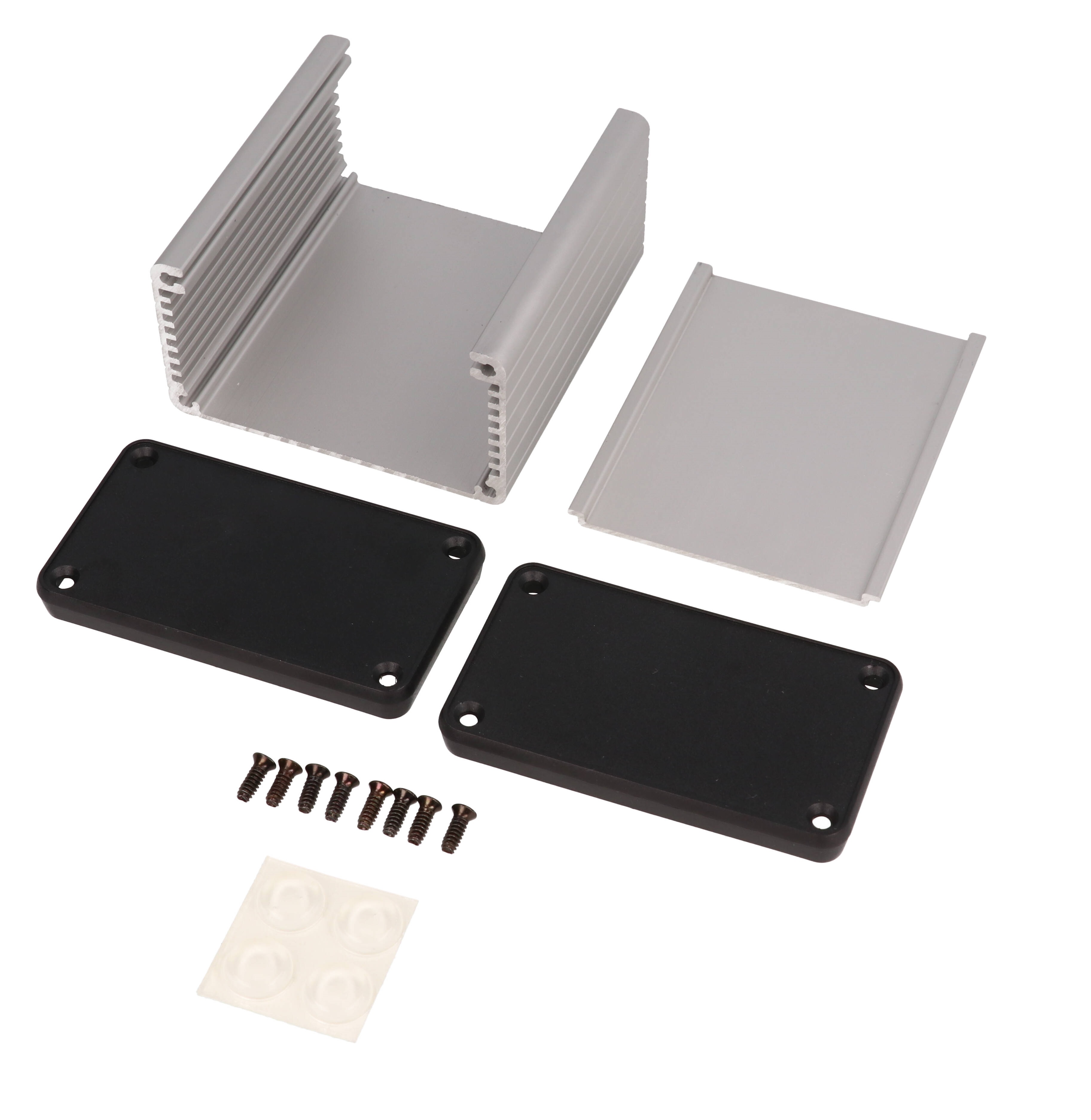 1455K802 clear anodized extruded aluminum enclosure, 80 x 78 x 43 mm, with plastic end panels