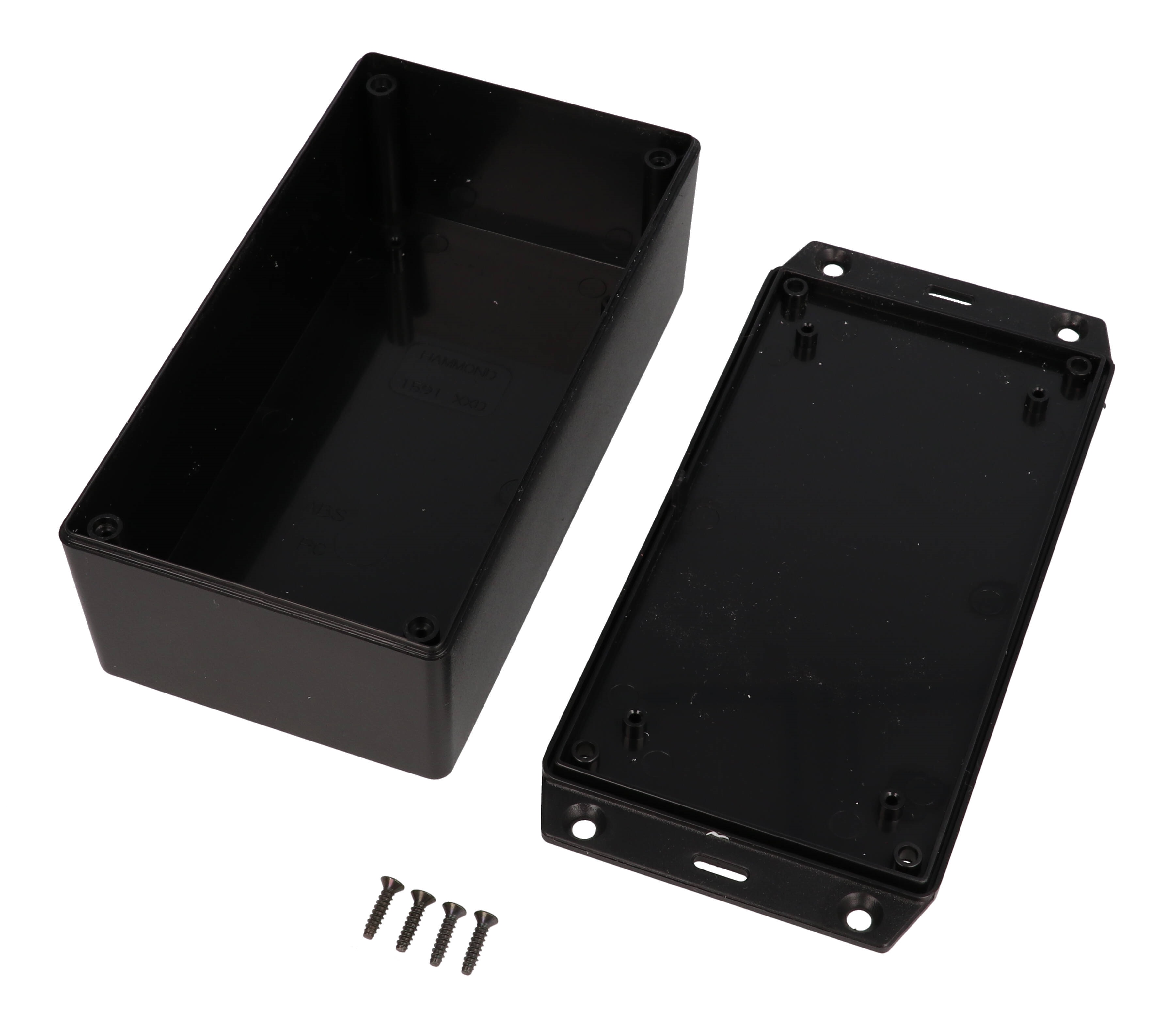 1591XXDSFLBK black ABS plastic enclosure with flanged lid, 5.98 in x 3.23 in x 2.01 in