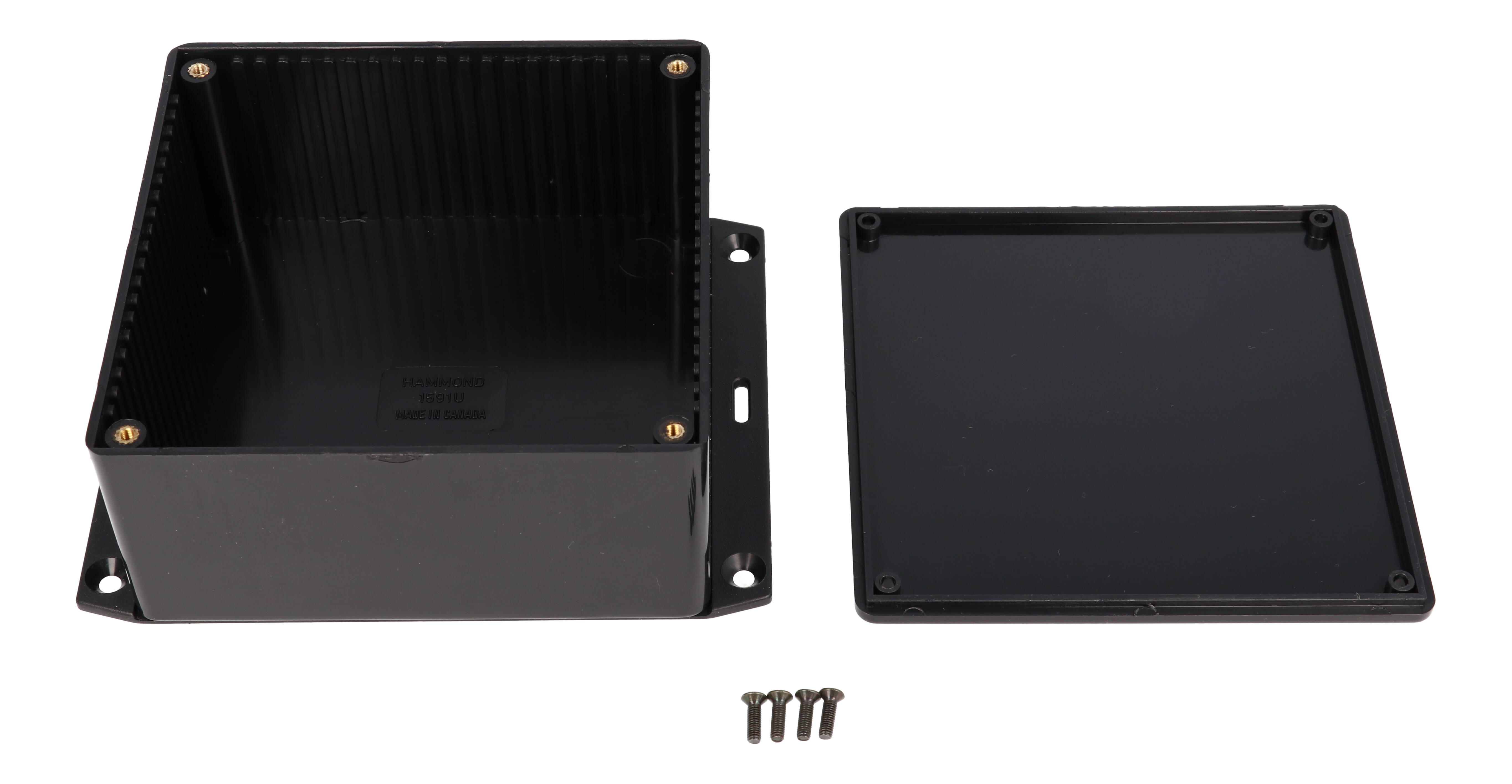 1591UF2BK black flame retardant ABS enclosure with bottom mounting flange, 120 x 120 x 59 mm