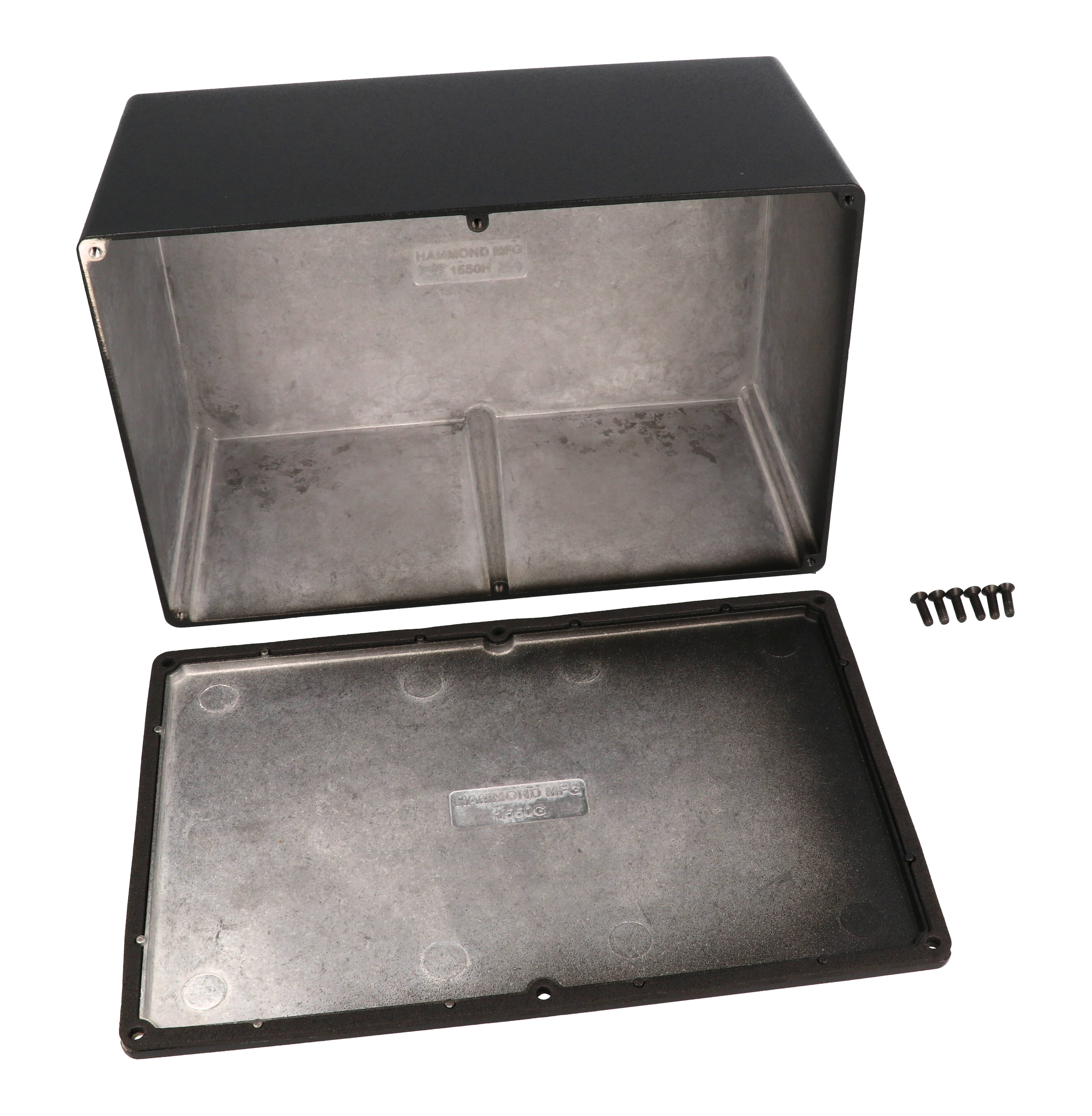 1550WHBK black watertight diecast aluminum enclosure, 222 x 146 x 105 mm, with screw-down lid