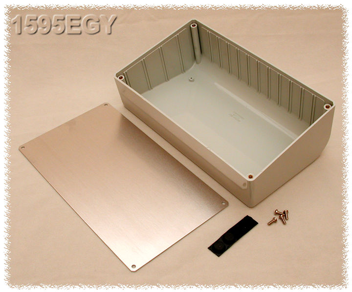 1595CGY light gray sloped plastic console enclosure with aluminum front panel, 161 x 96 x 58 mm