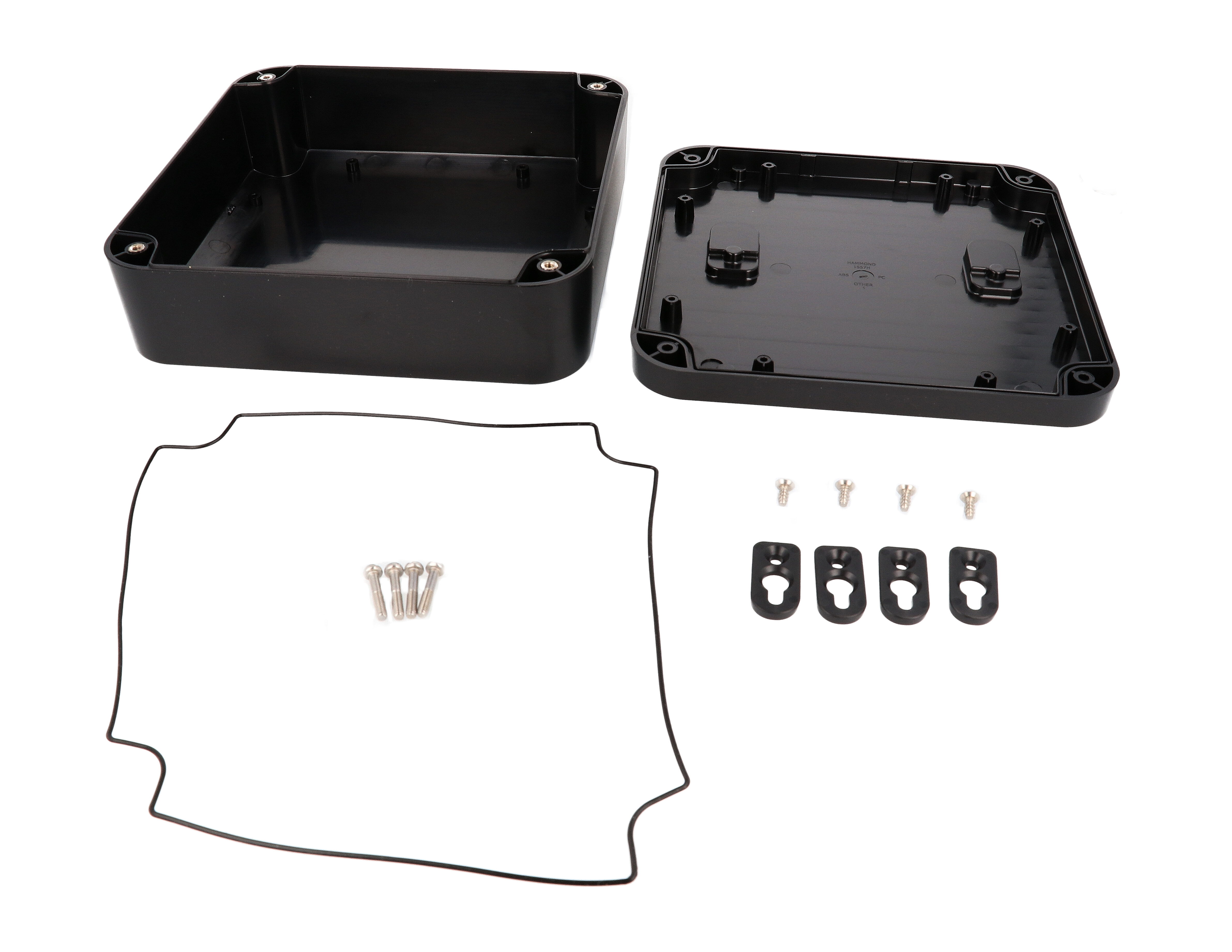 1557HABK black ABS plastic watertight enclosure, 200 x 200 x 70 mm, with screw-down gasketed lid