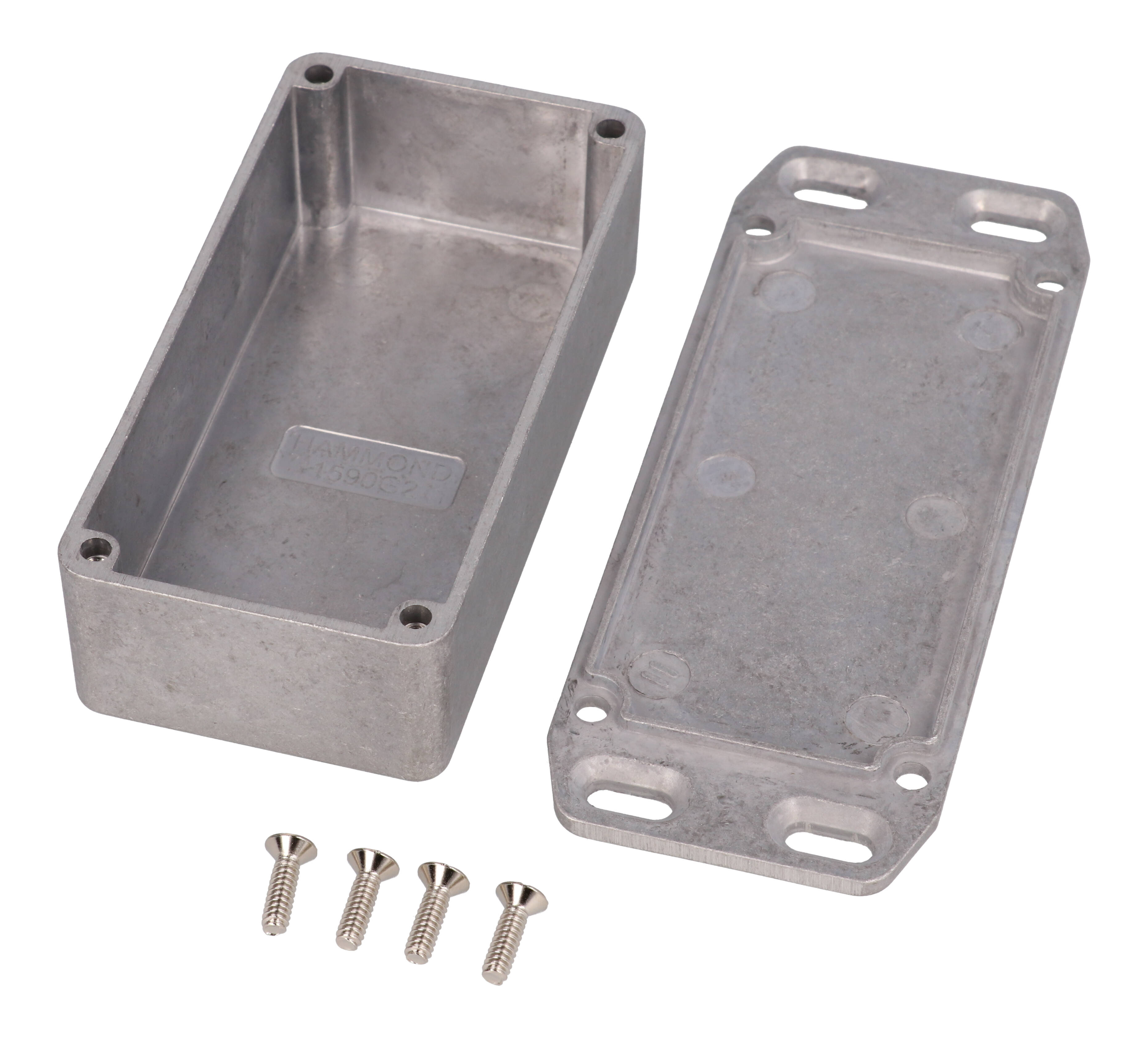1590G2FL natural diecast aluminum enclosure with flanged lid for wall mounting, 100 x 50 x 31 mm