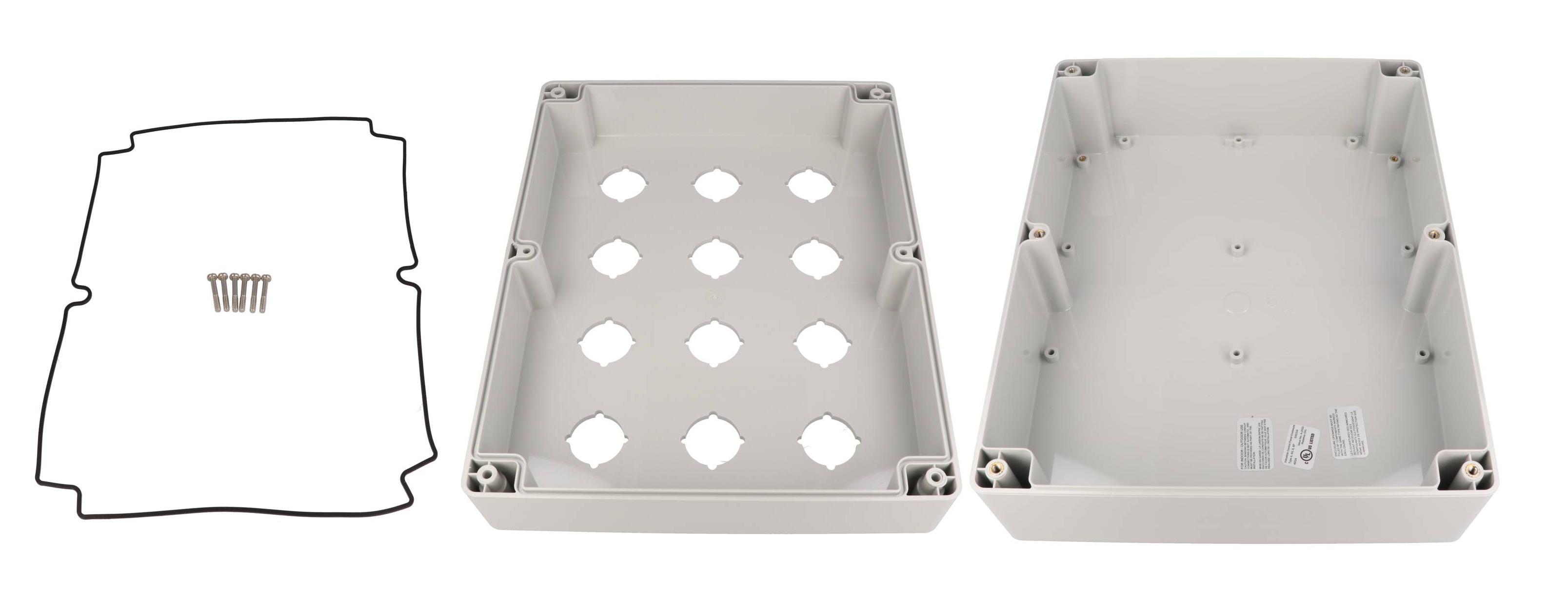 1554PB12A deep light gray polycarbonate enclosure with twelve 30.5mm pushbutton holes