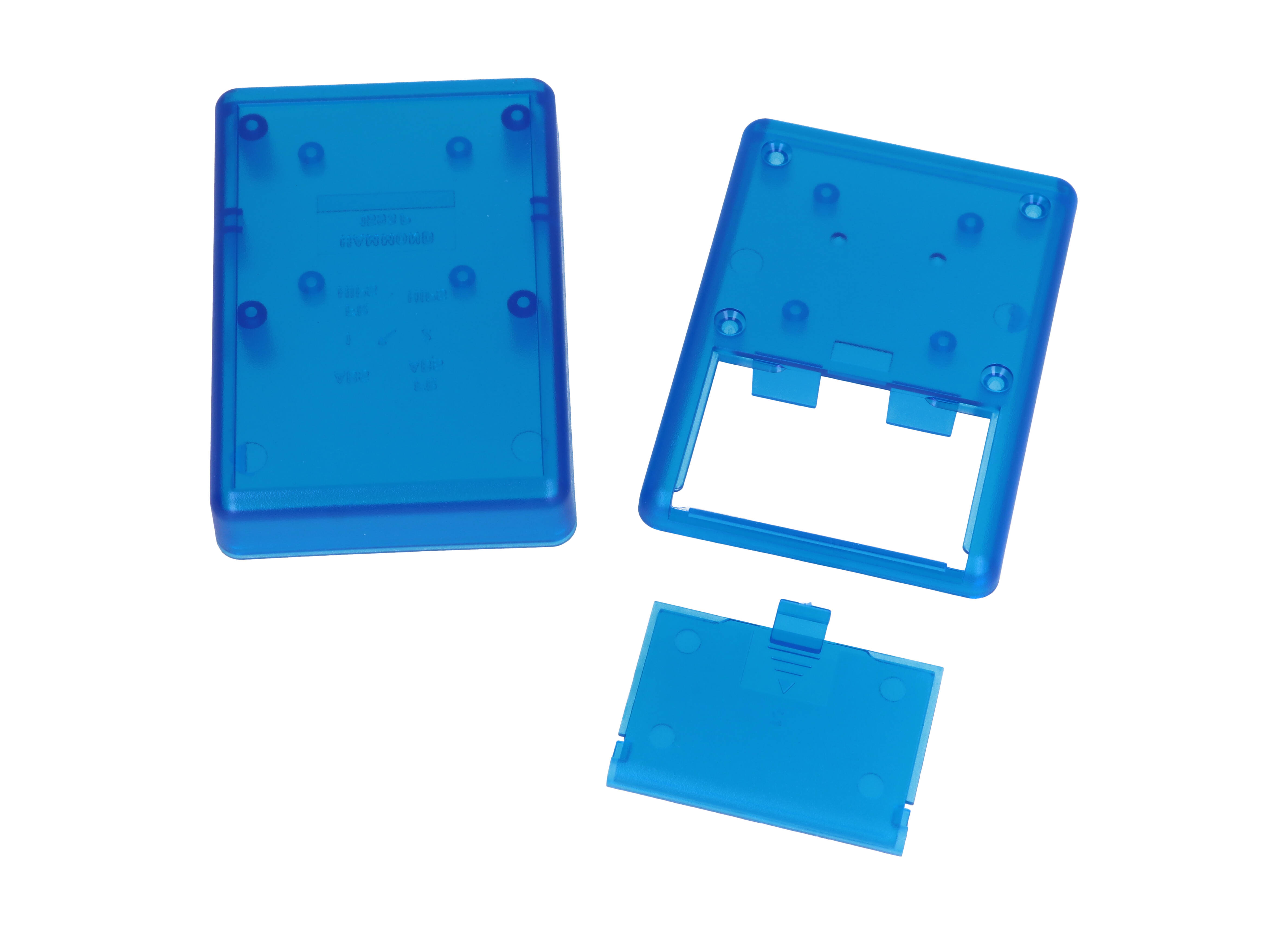 1593PALTBU transparent blue ABS handheld enclosure with battery door and aluminum front panel