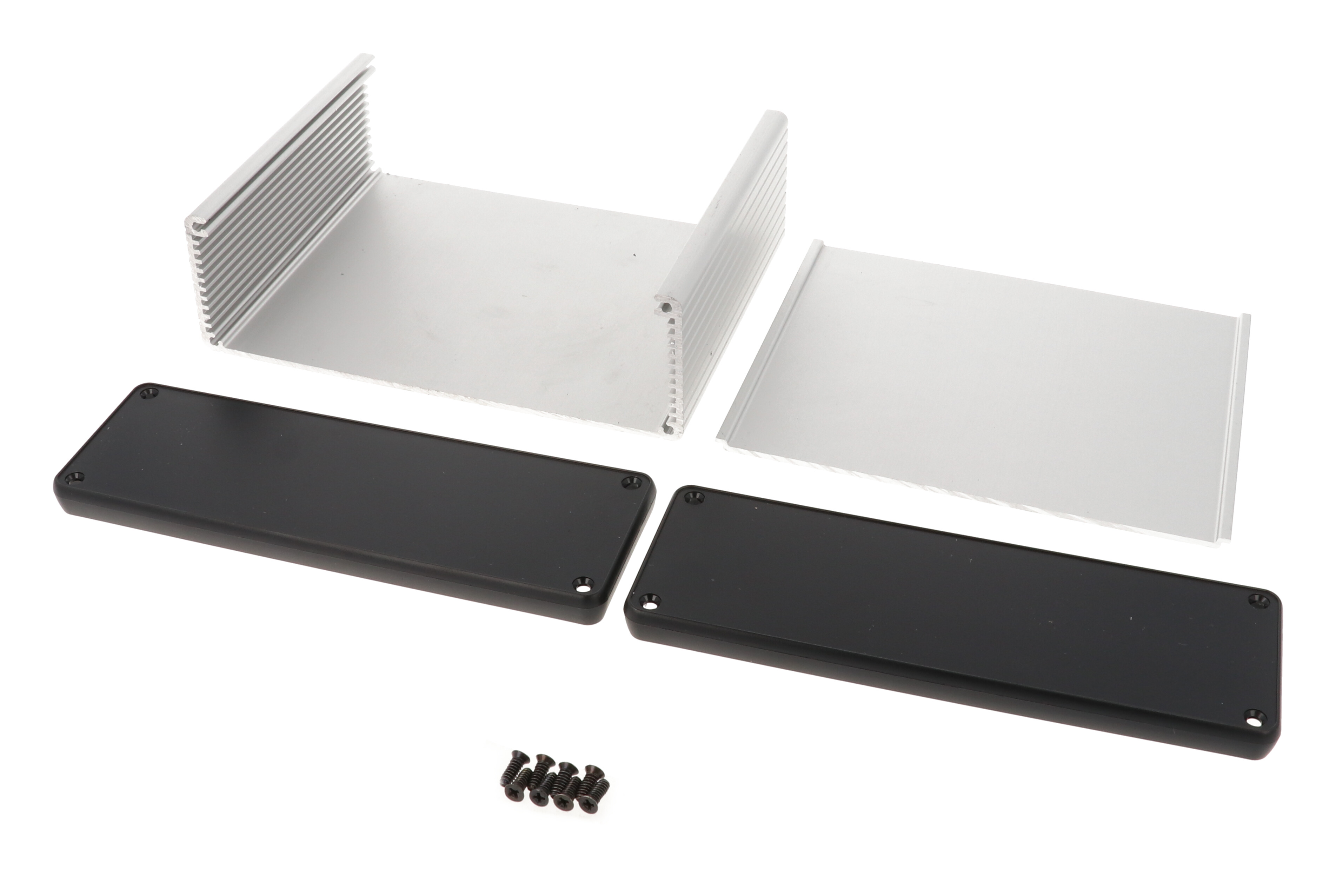 1455T1202 clear anodized extruded aluminum enclosure, 120 x 165 x 51.5 mm, with black plastic end panels