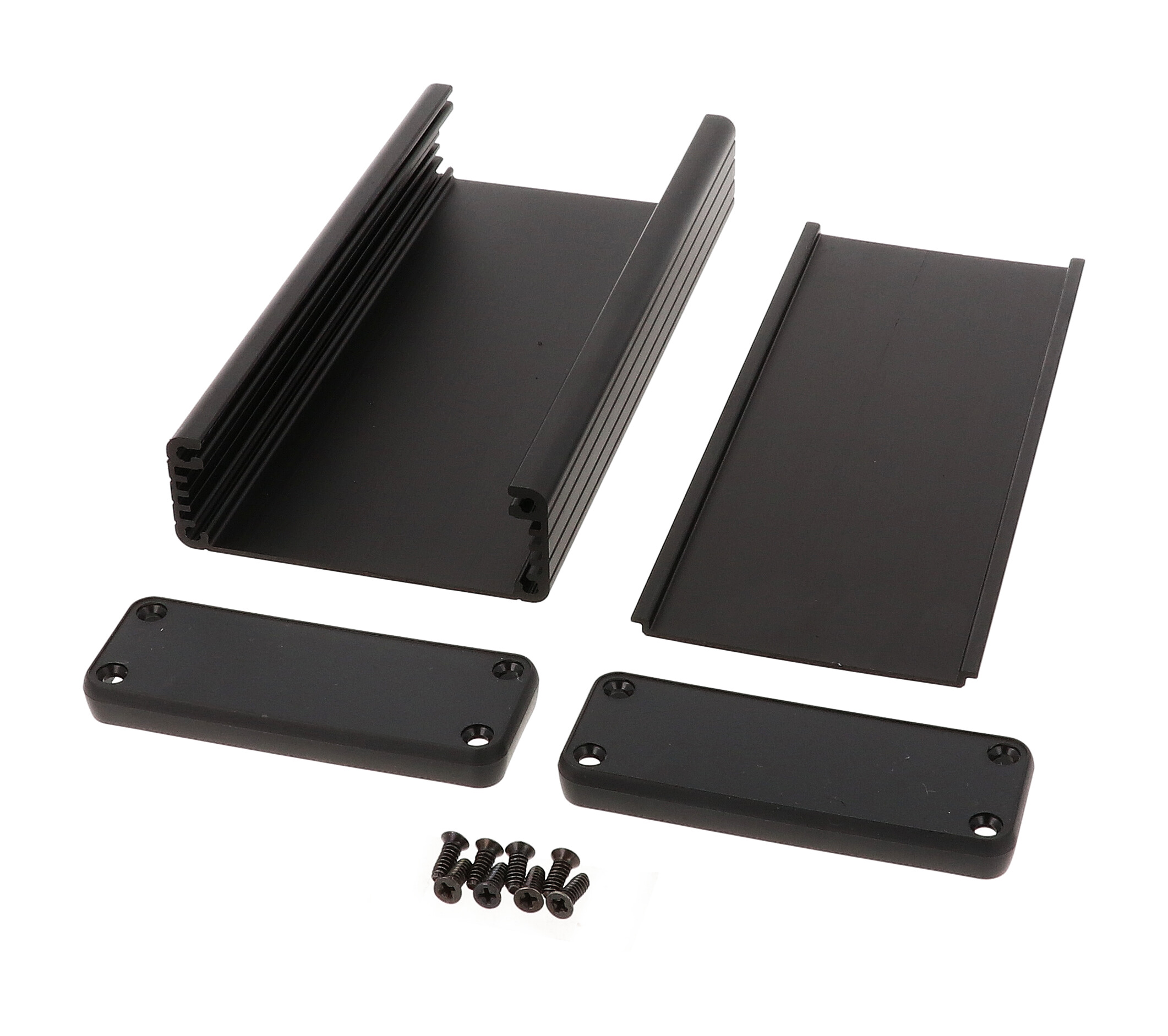 1455J1602BK black anodized extruded aluminum enclosure, 160 x 78 x 27 mm, with black plastic end panels