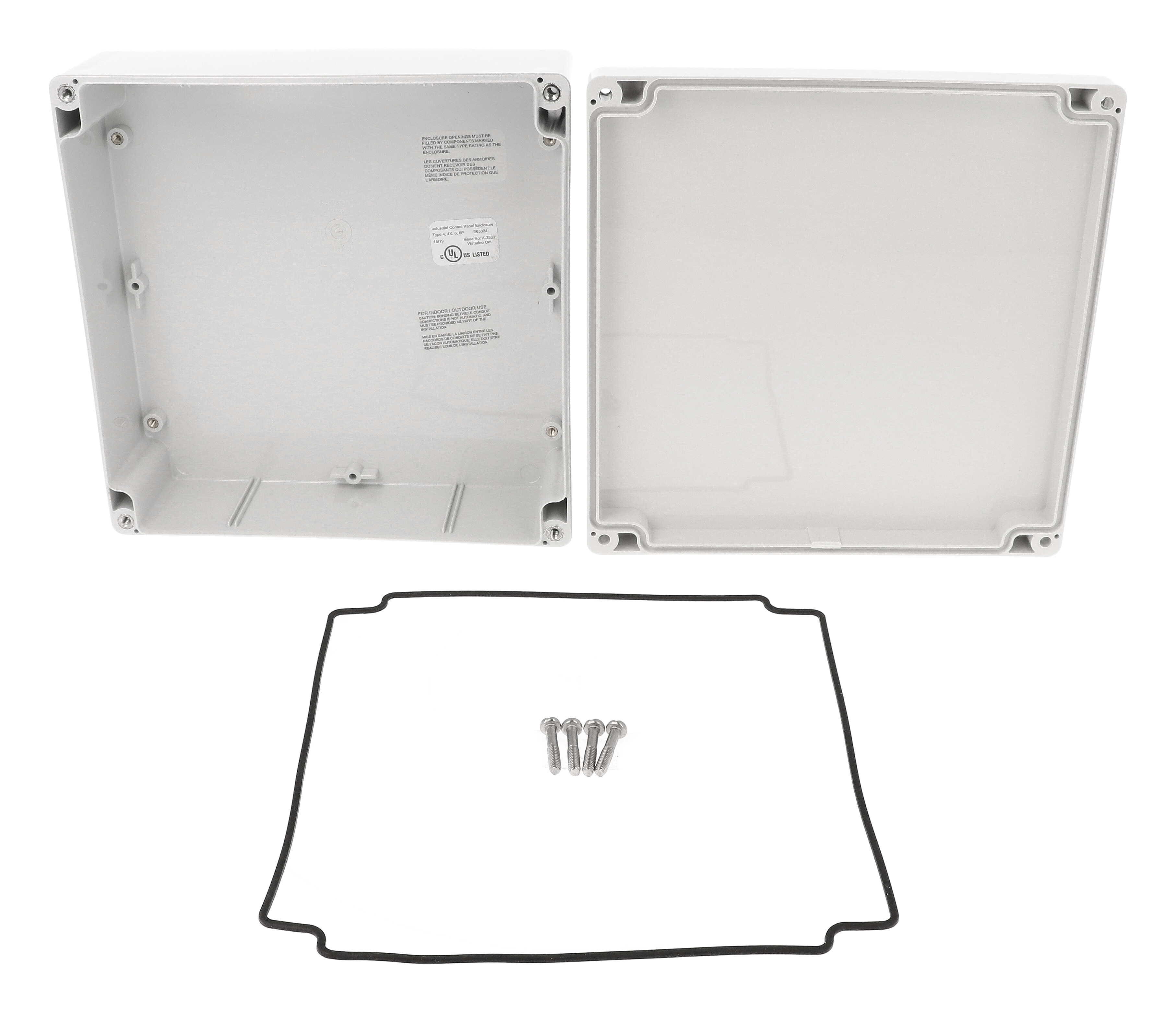 1554W2GY square light gray polycarbonate watertight enclosure with gray lid, 180 x 180 x 60 mm