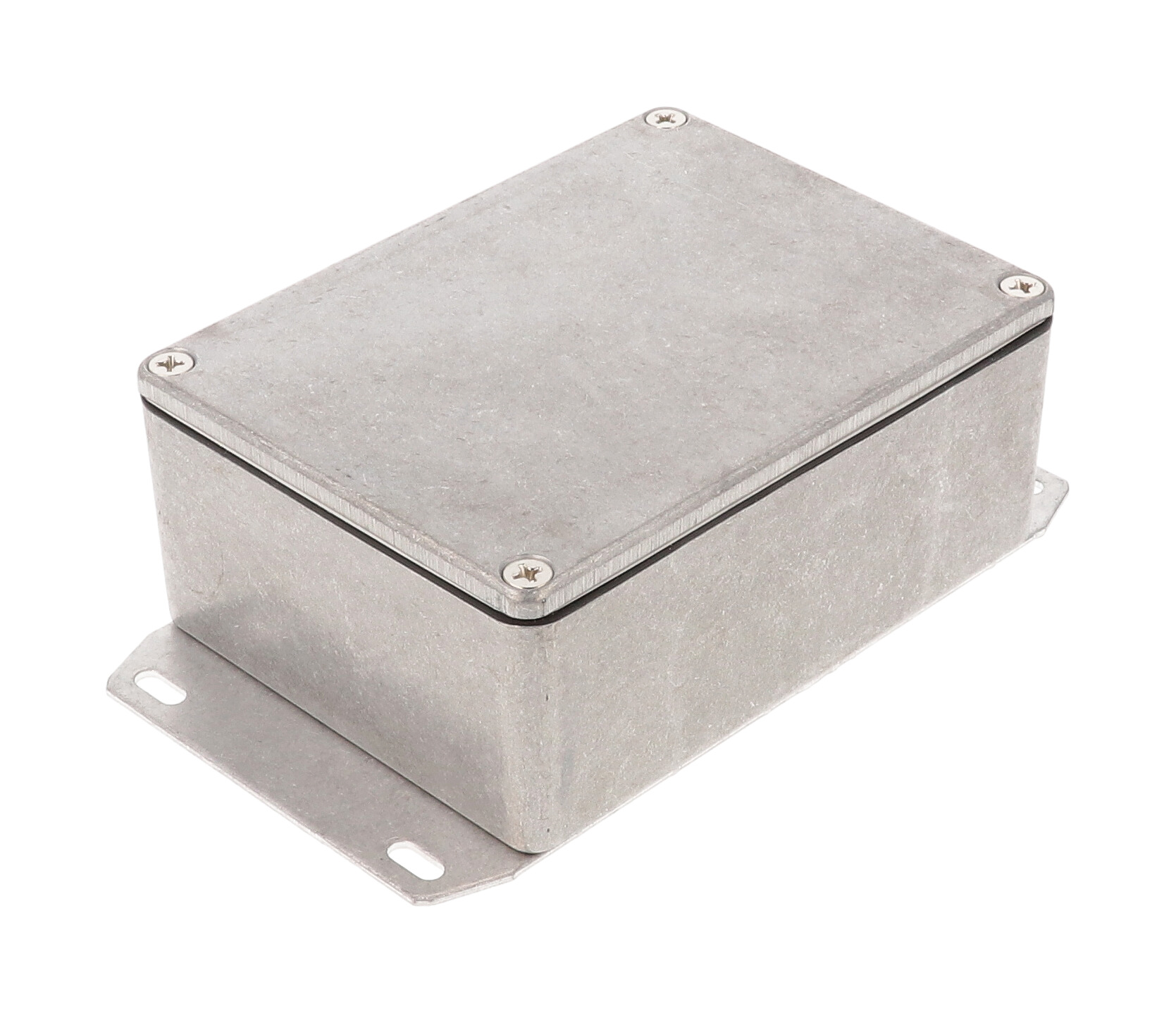 1590WSF natural aluminum IP65 water-tight diecast aluminum enclosure with a welded flanged bottom plate, 110x82x44mm