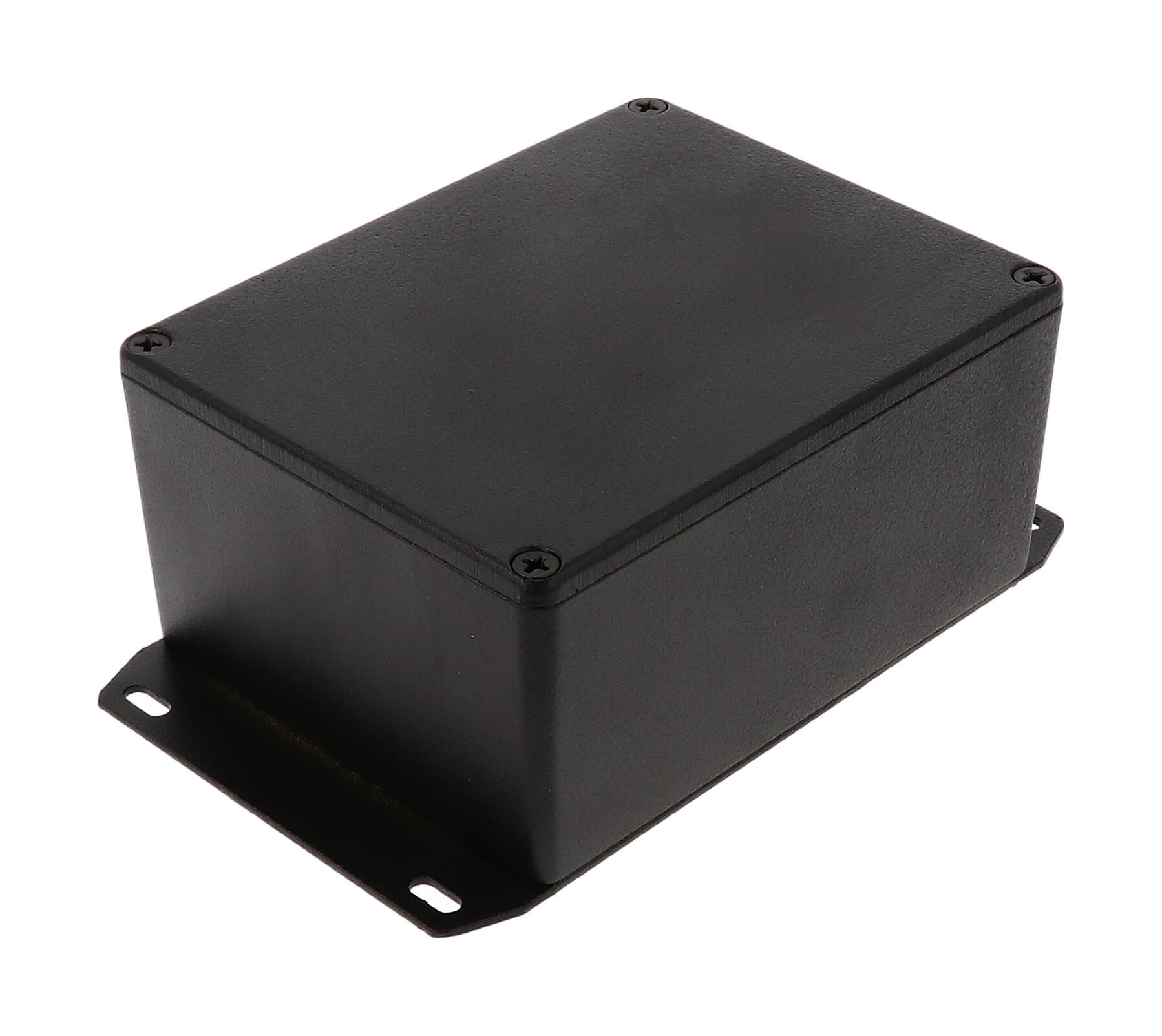 1590CFBK textured black diecast aluminum enclosure with welded flanged bottom plate
