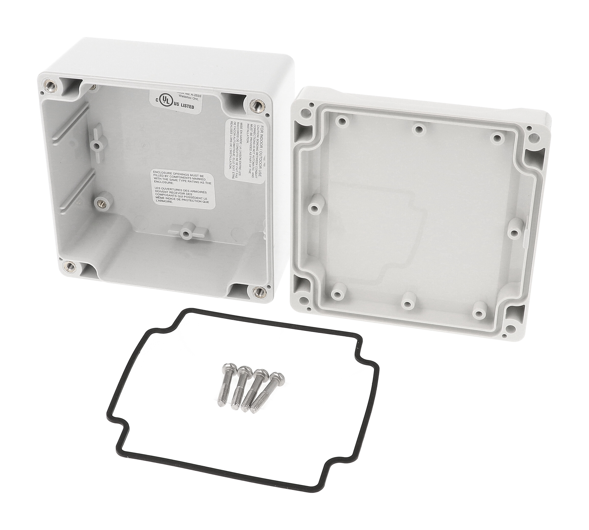 1555L2GY square light gray polycarbonate enclosure with styled lid, 105 x 105 x 60 mm