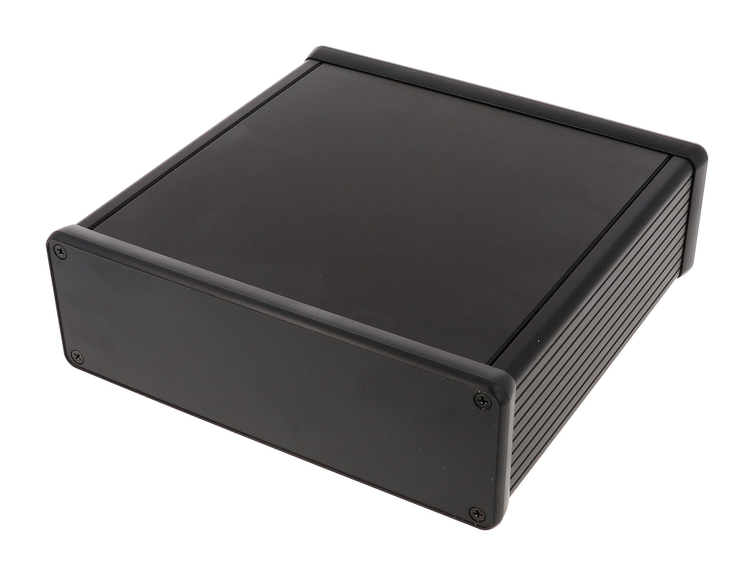 1455T1602BK — black extruded aluminum enclosure w/ plastic end panels