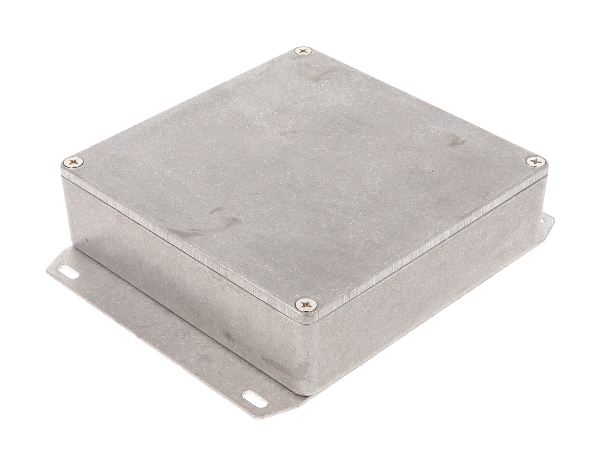 1590QF natural aluminum diecast aluminum enclosure with welded flanged bottom plate, 120 x 120 x 34 mm