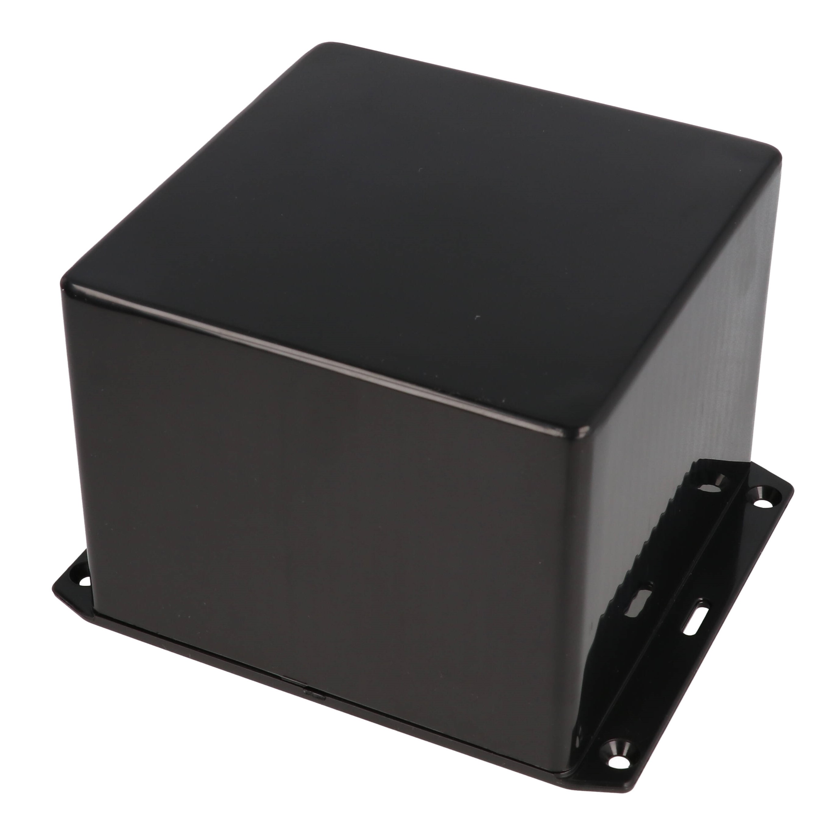 1591VFLBK black ABS plastic enclosure with flanged lid, 120 x 120 x 94 mm