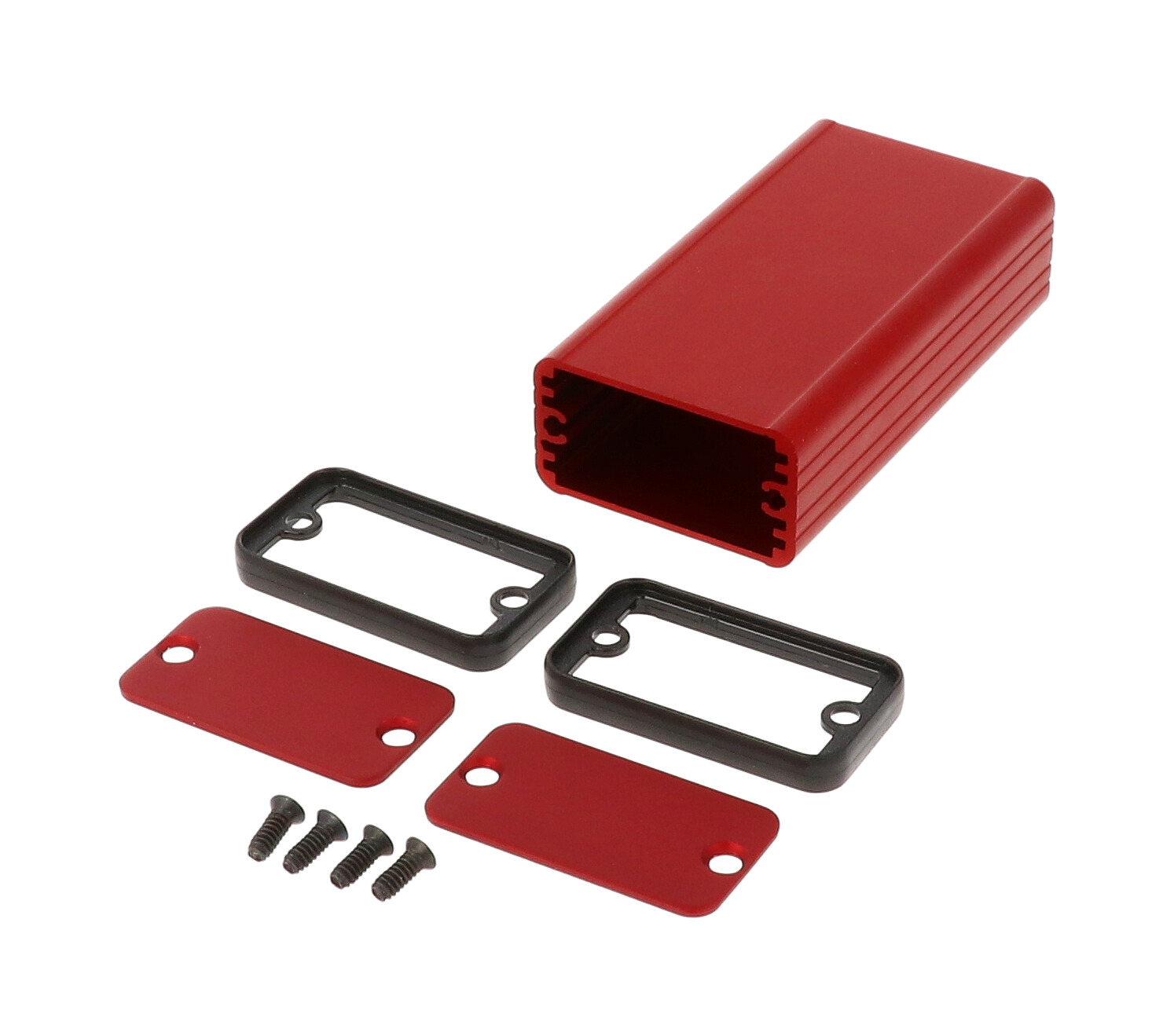 1455D801RD red anodized extruded aluminum enclosure, 80 x 45 x 25 mm, with aluminum end panels and black open bezels