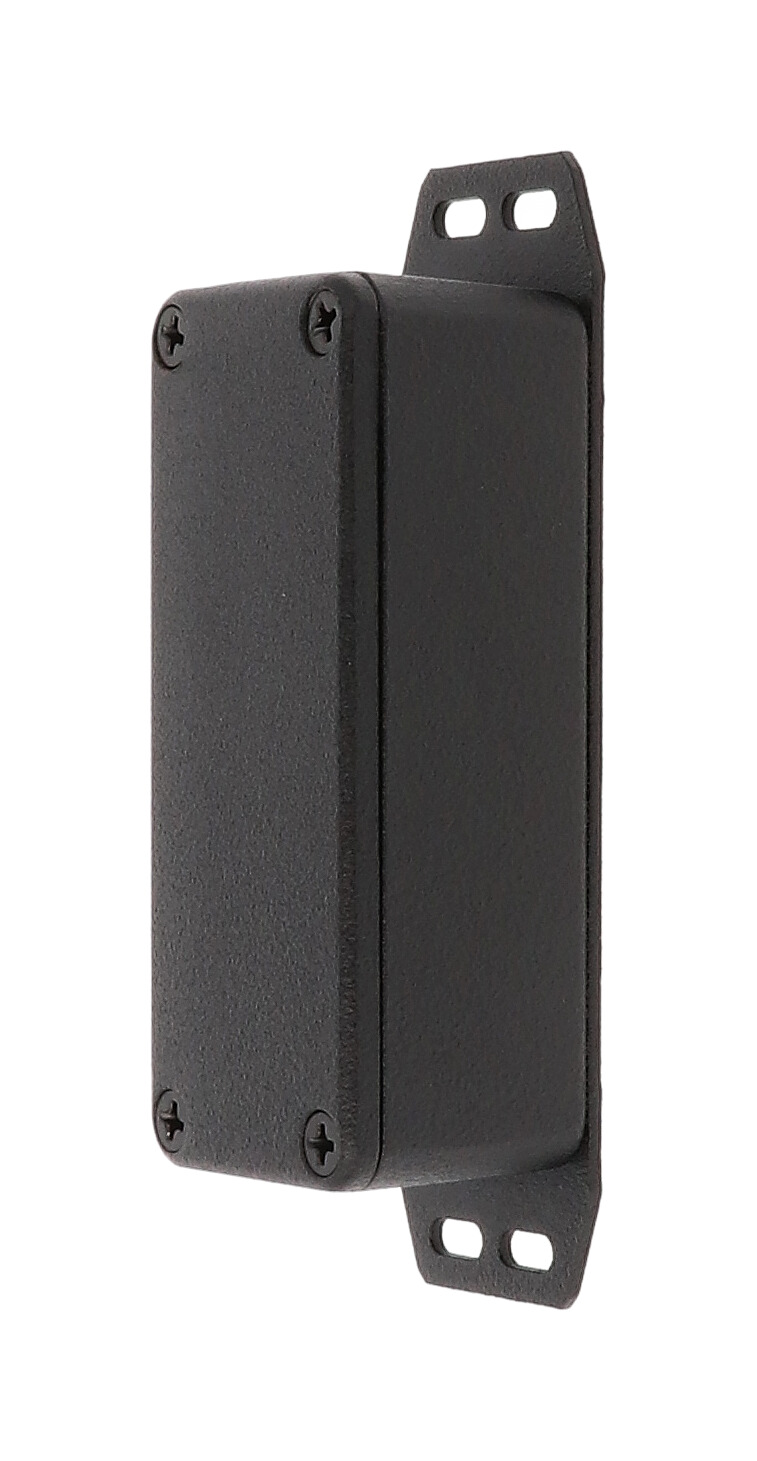 1590AFBK textured black diecast aluminum enclosure with flanged bottom plate