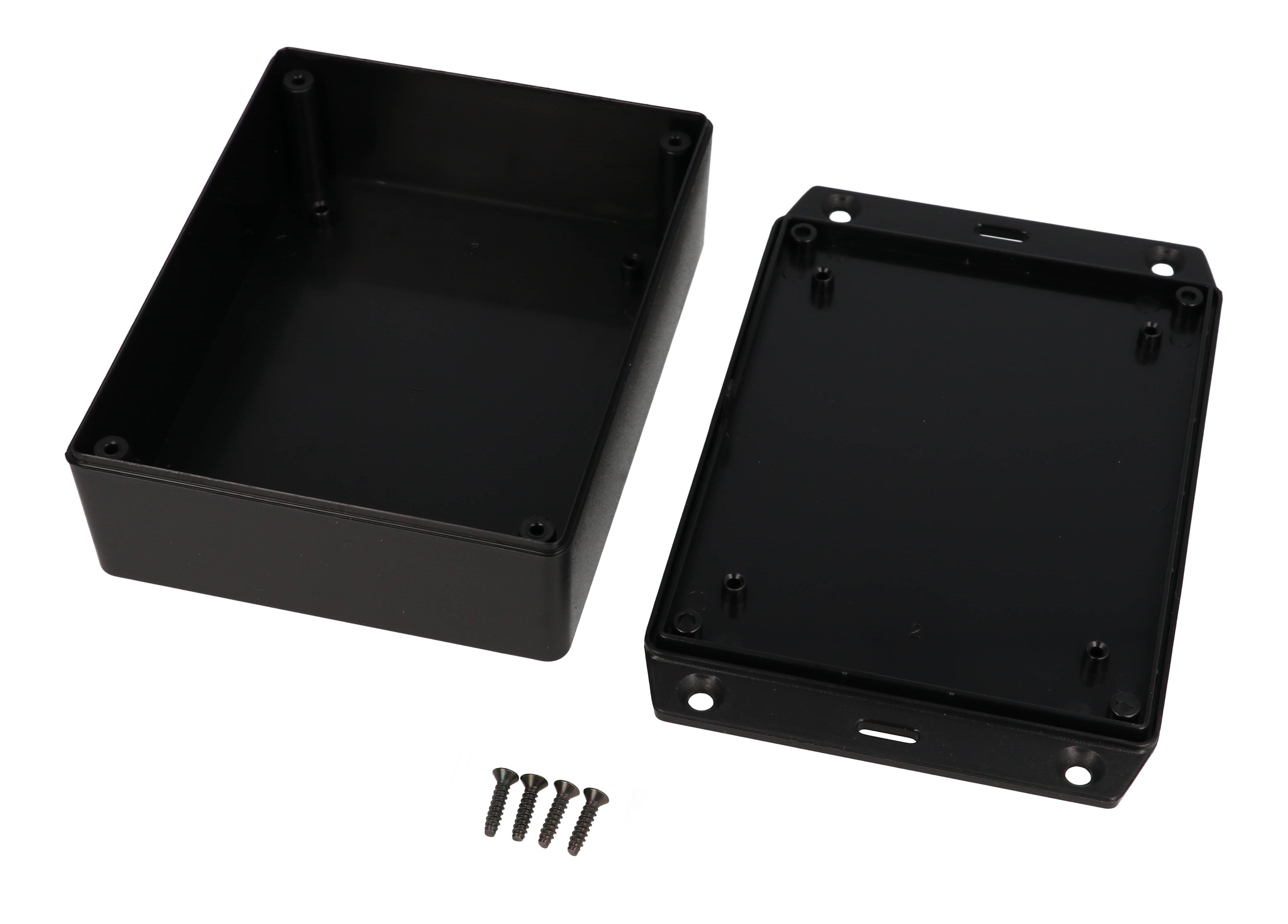 Hammond 1591XXGSFLBK black ABS plastic enclosure with flanged lid, 1591XXG size, box and lid shown