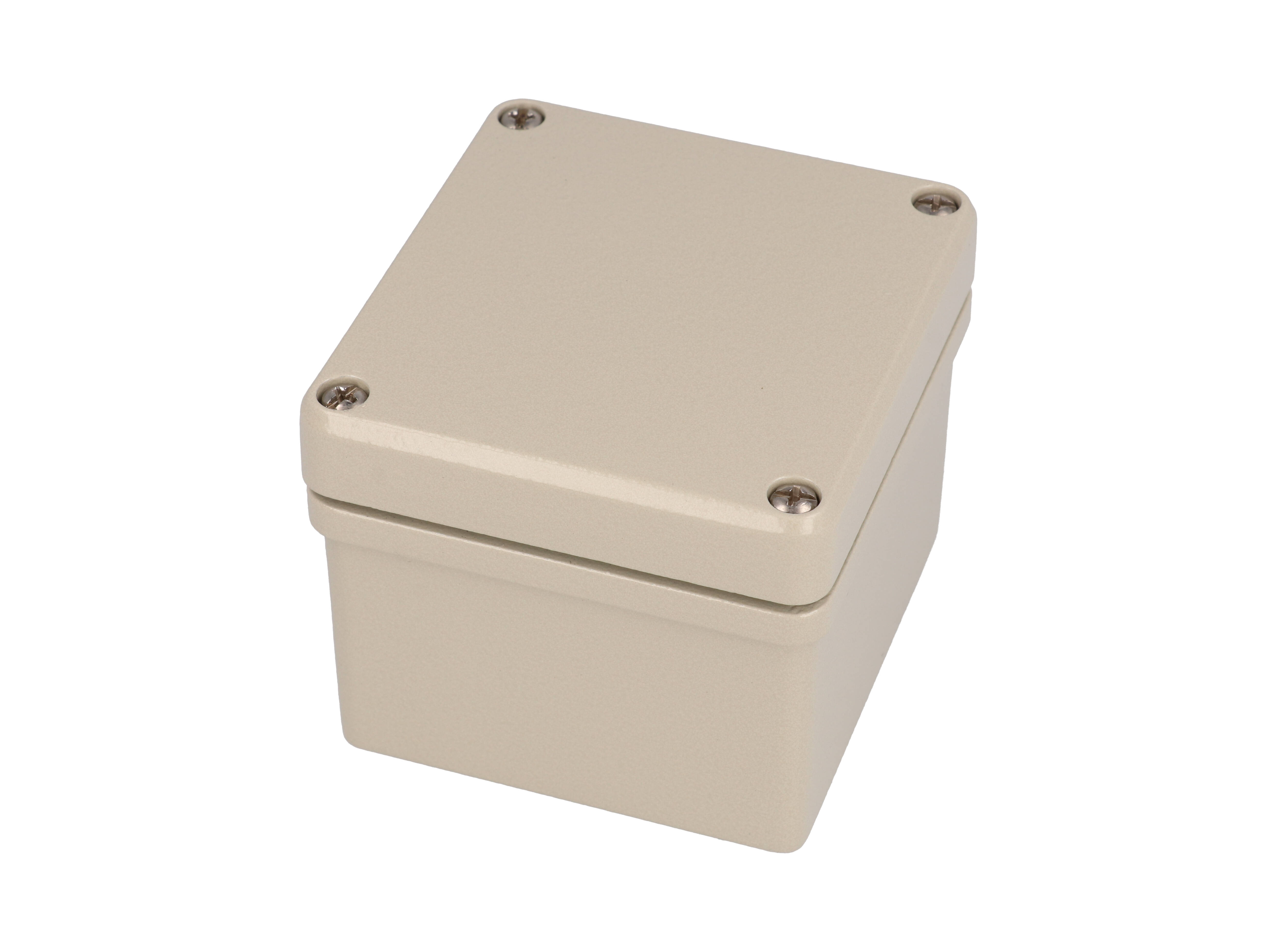 R110-081-000 beige EMI/RFI shielded diecast aluminum enclosure, 84 x 79 mm, 67 mm deep with lid